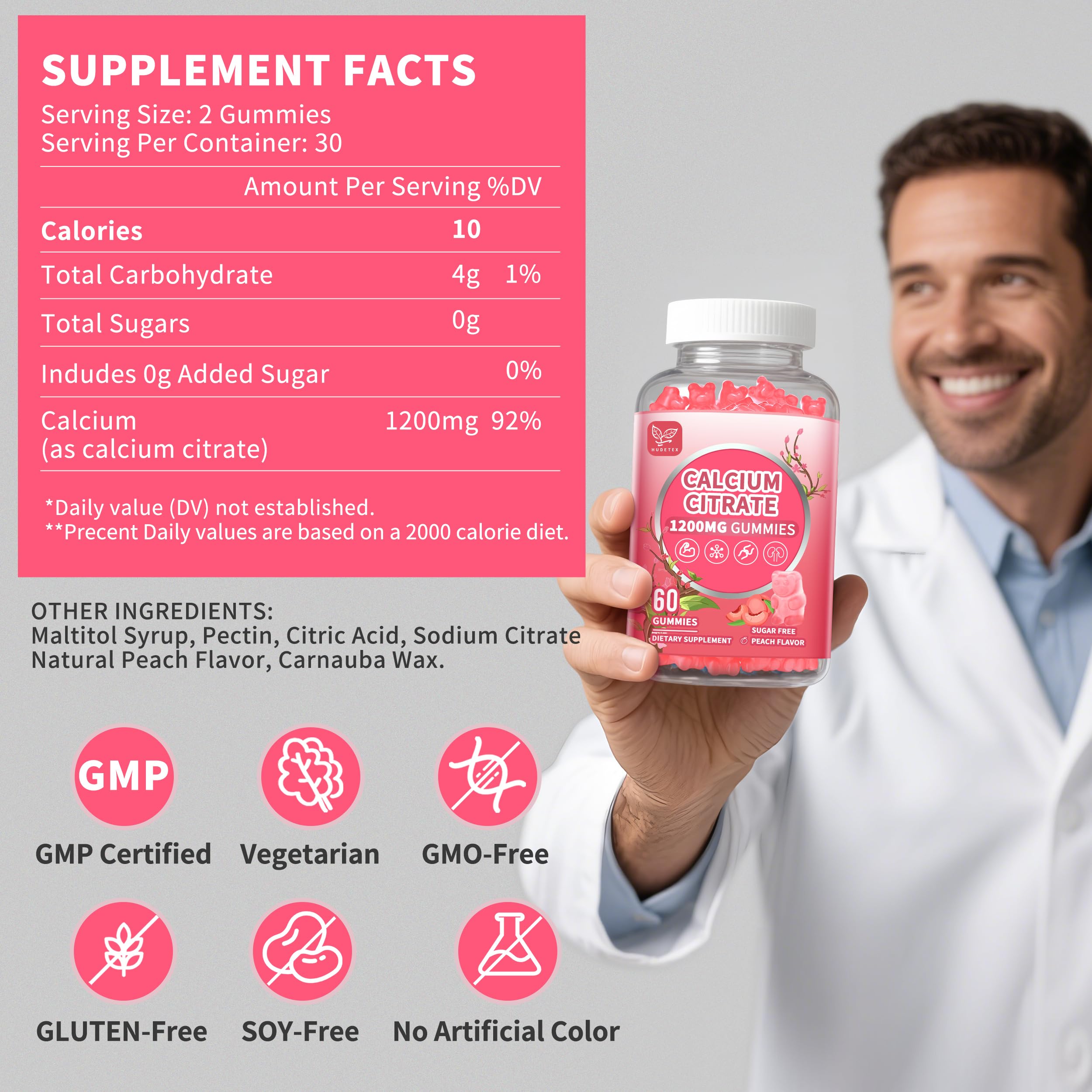 Hudetex Calcium Gummies 1200mg on a kitchen counter