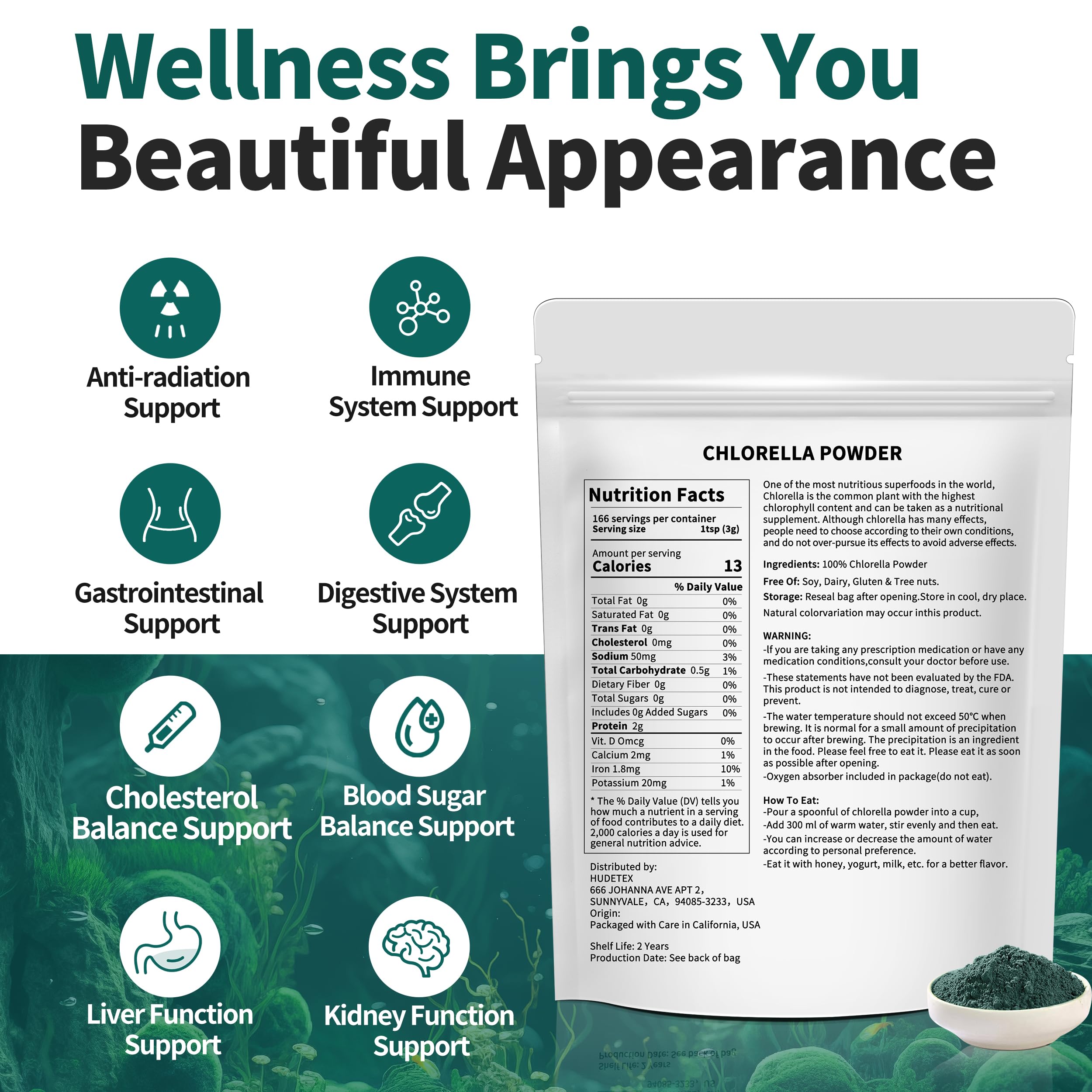 Hudetex Chlorella Powder packaging side view