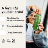 Huel Daily Greens 386g on a kitchen counter