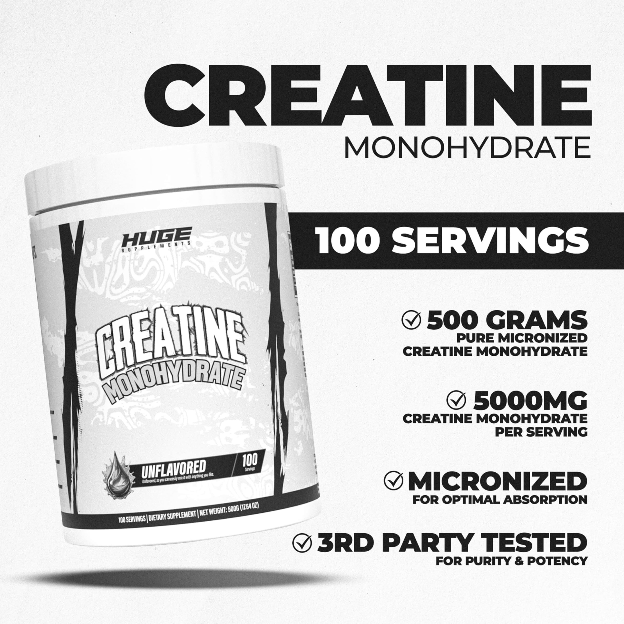 Huge Supplements Creatine Monohydrate 454g back view with ingredients