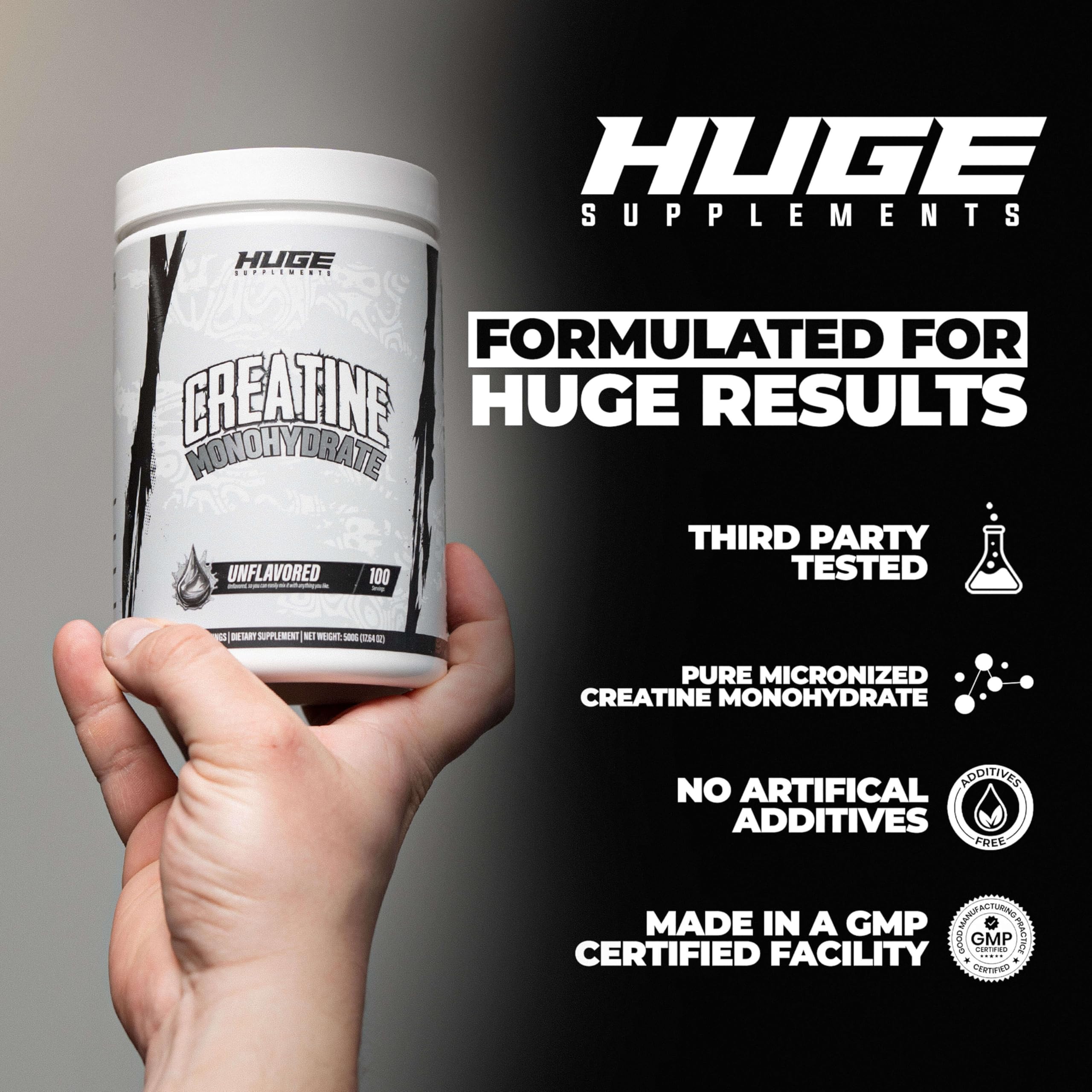 Huge Supplements Creatine Monohydrate 454g in a gym setting