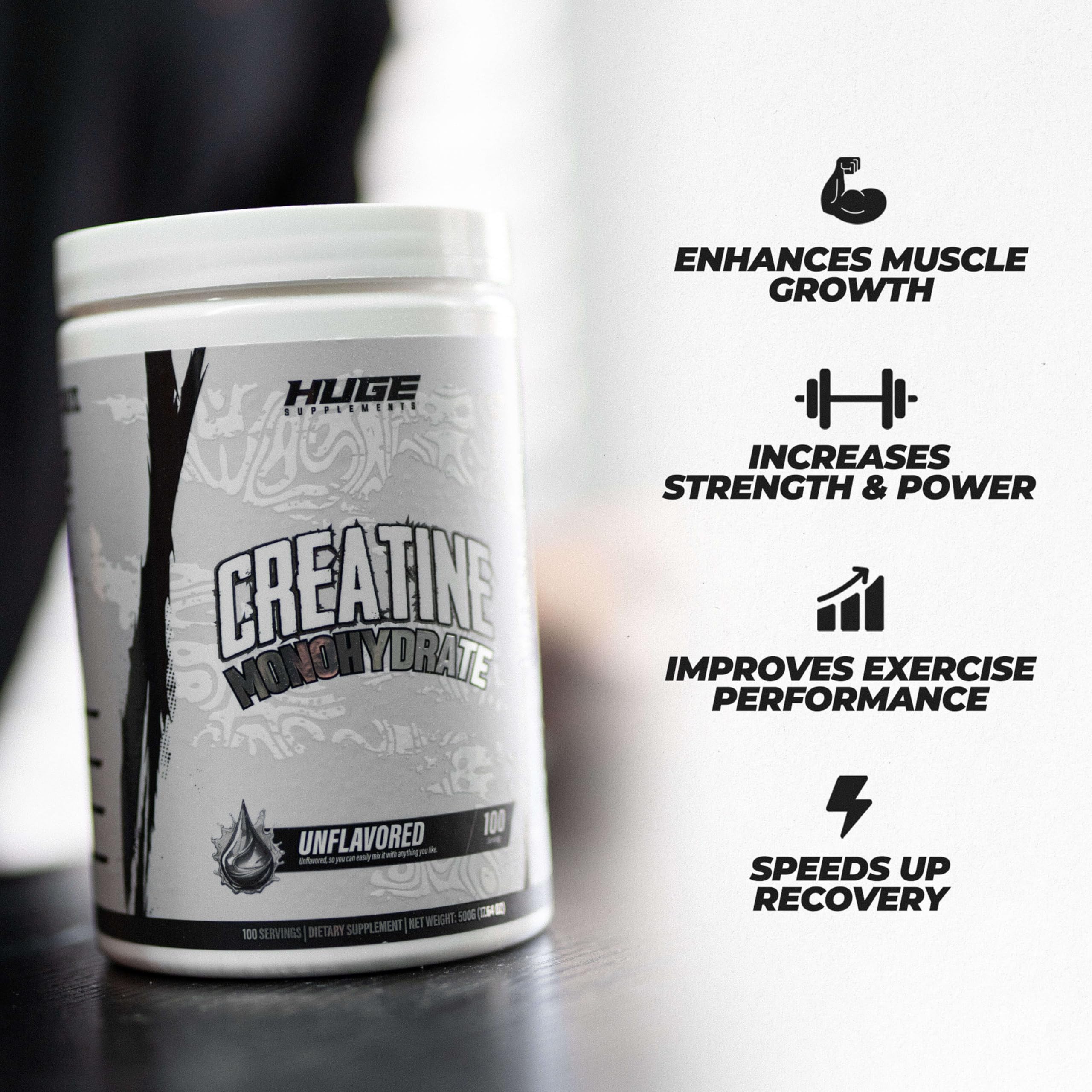 Huge Supplements Creatine Monohydrate 454g side view showing the QR code