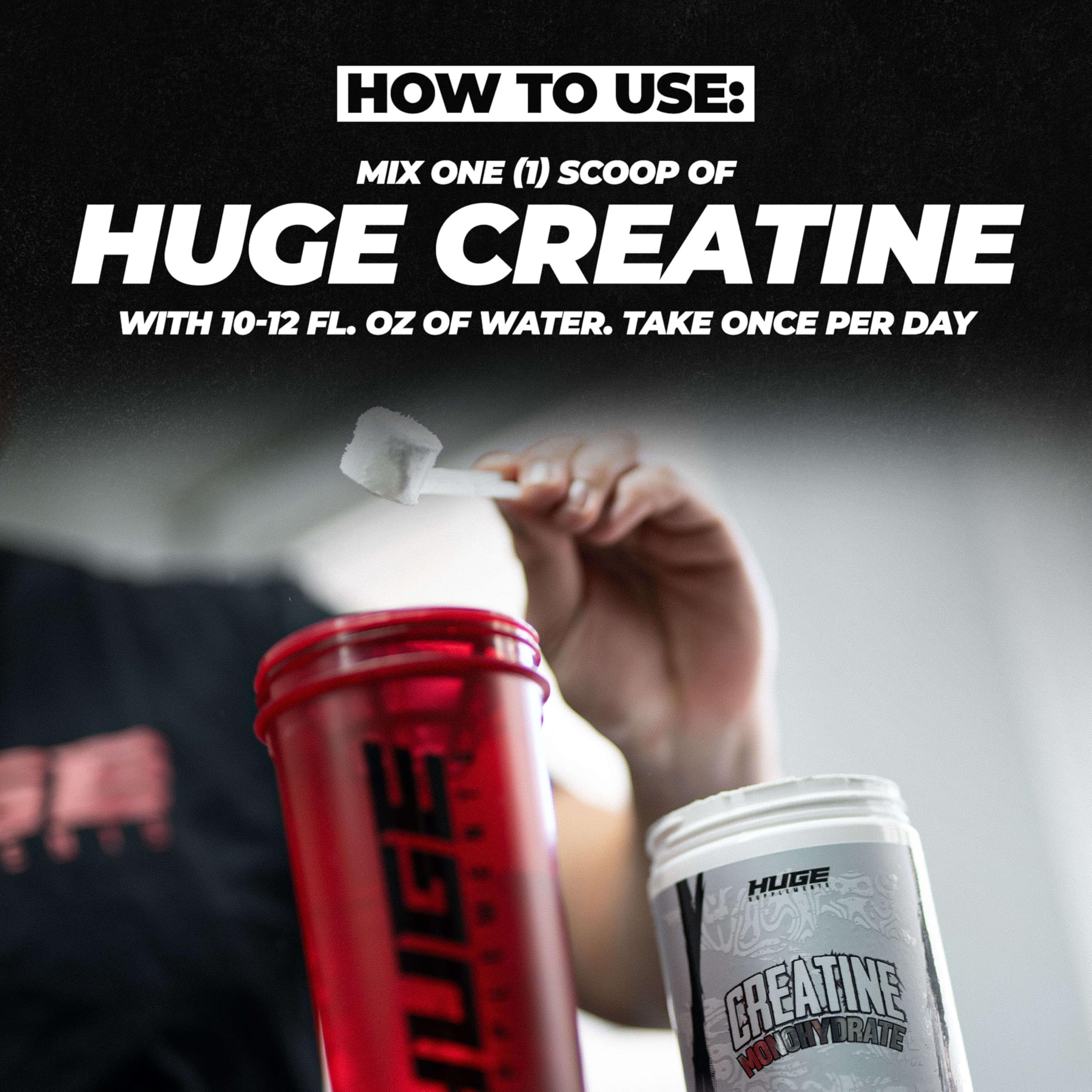 Huge Supplements Creatine Monohydrate container with a measuring scoop