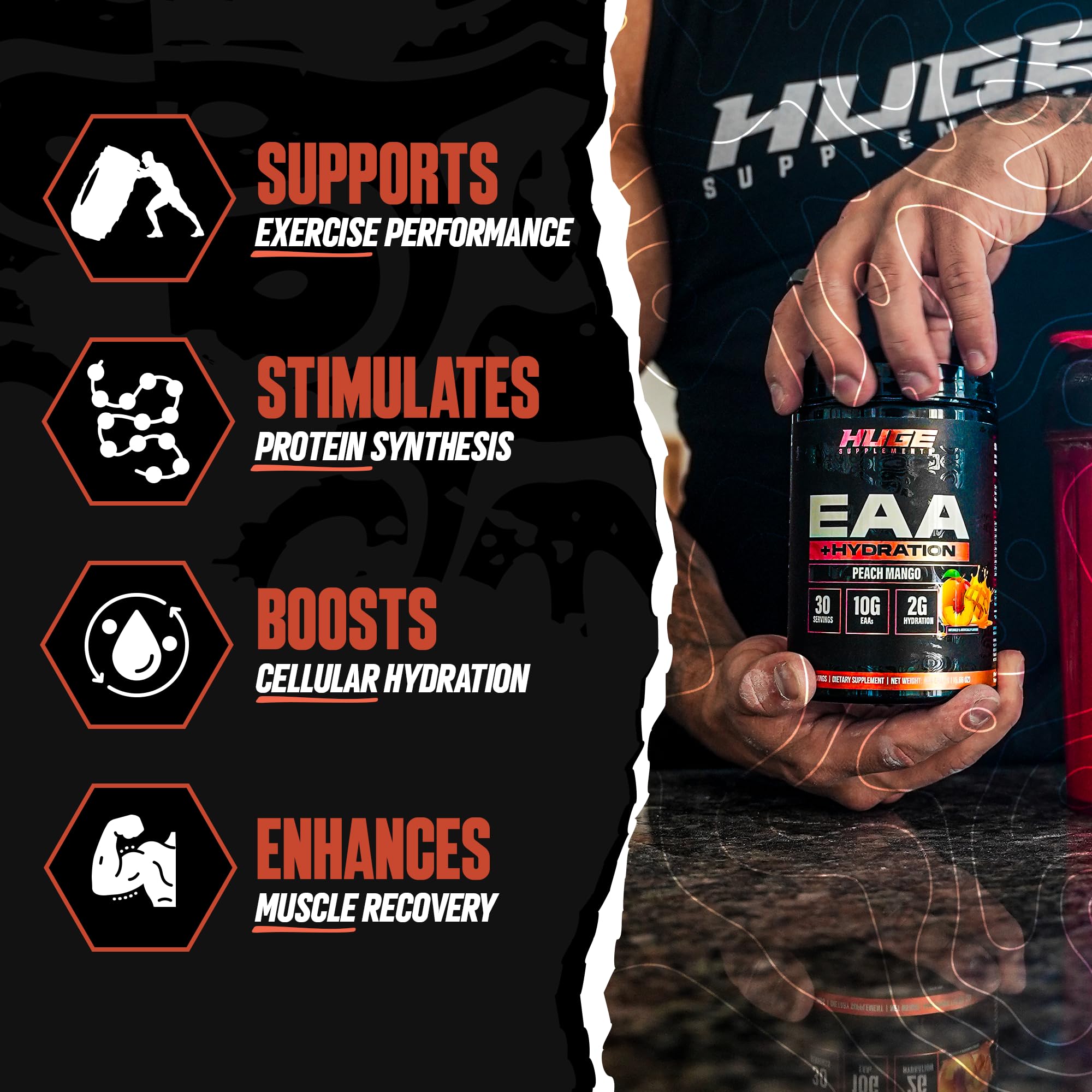 Huge Supplements EAA Powder 544g side view showing nutritional information