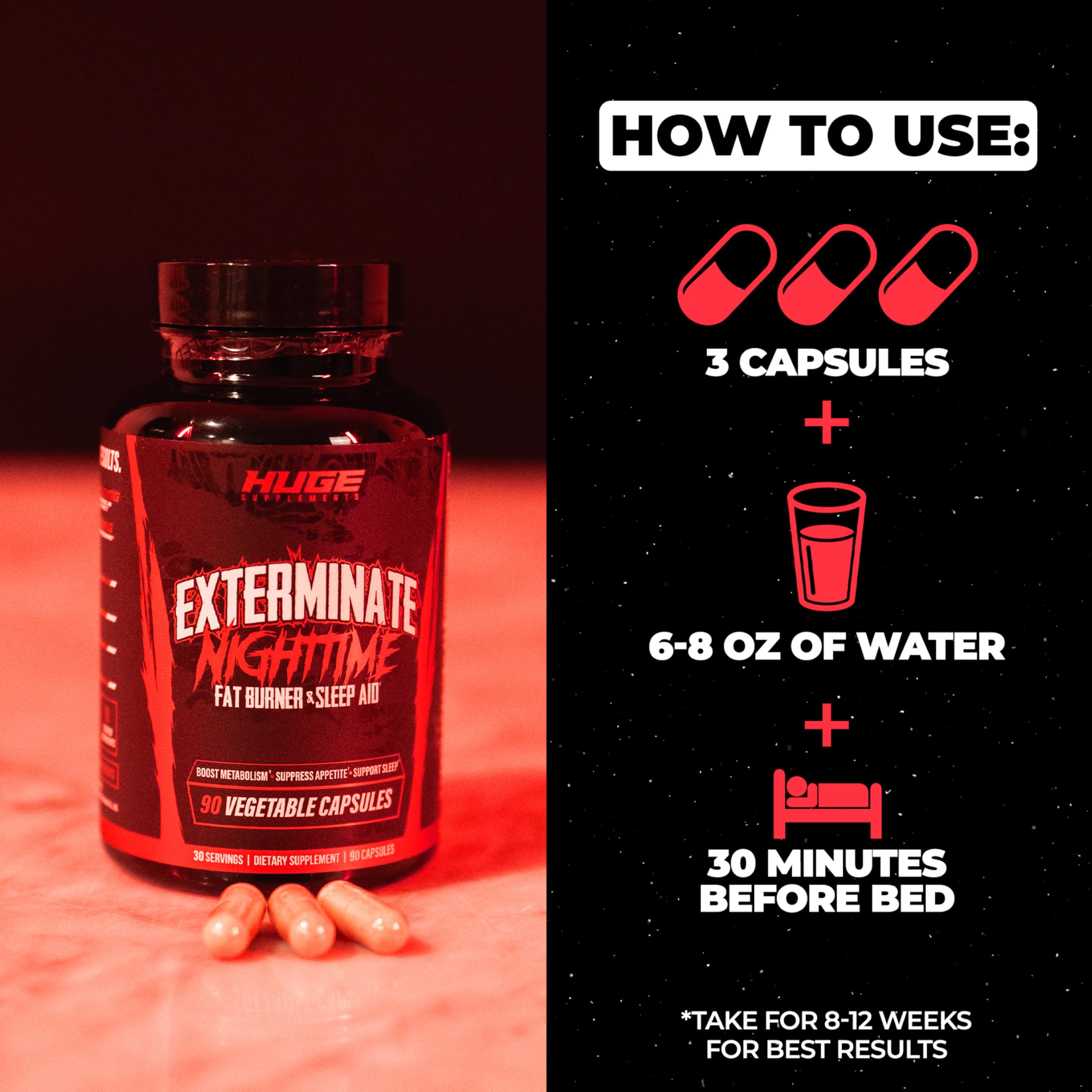 Huge Supplements Exterminate Night Time Fat Burner on a table