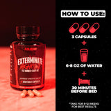 Huge Supplements Exterminate Night Time Fat Burner on a table