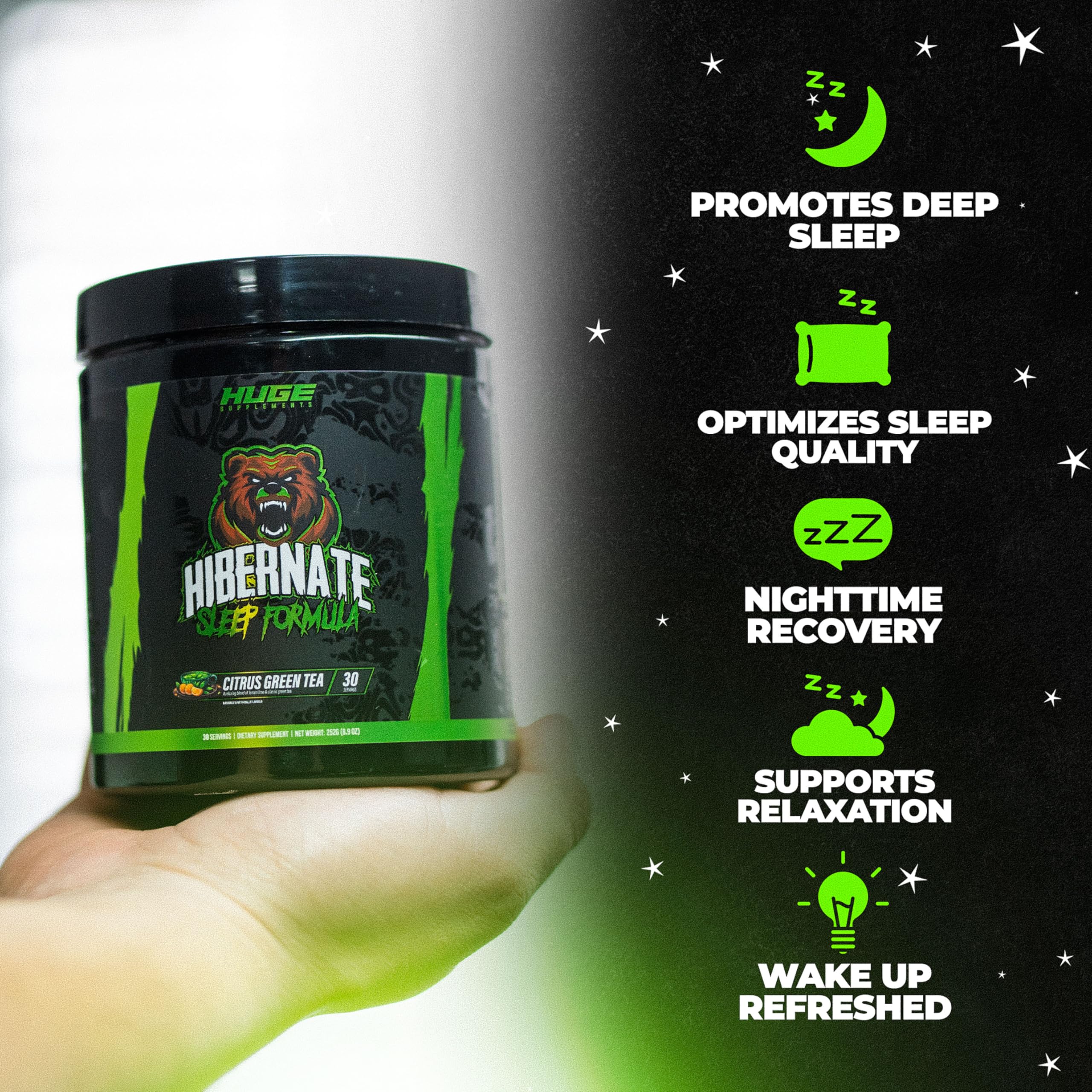 Huge Supplements Hibernate Sleep Supplement label close-up