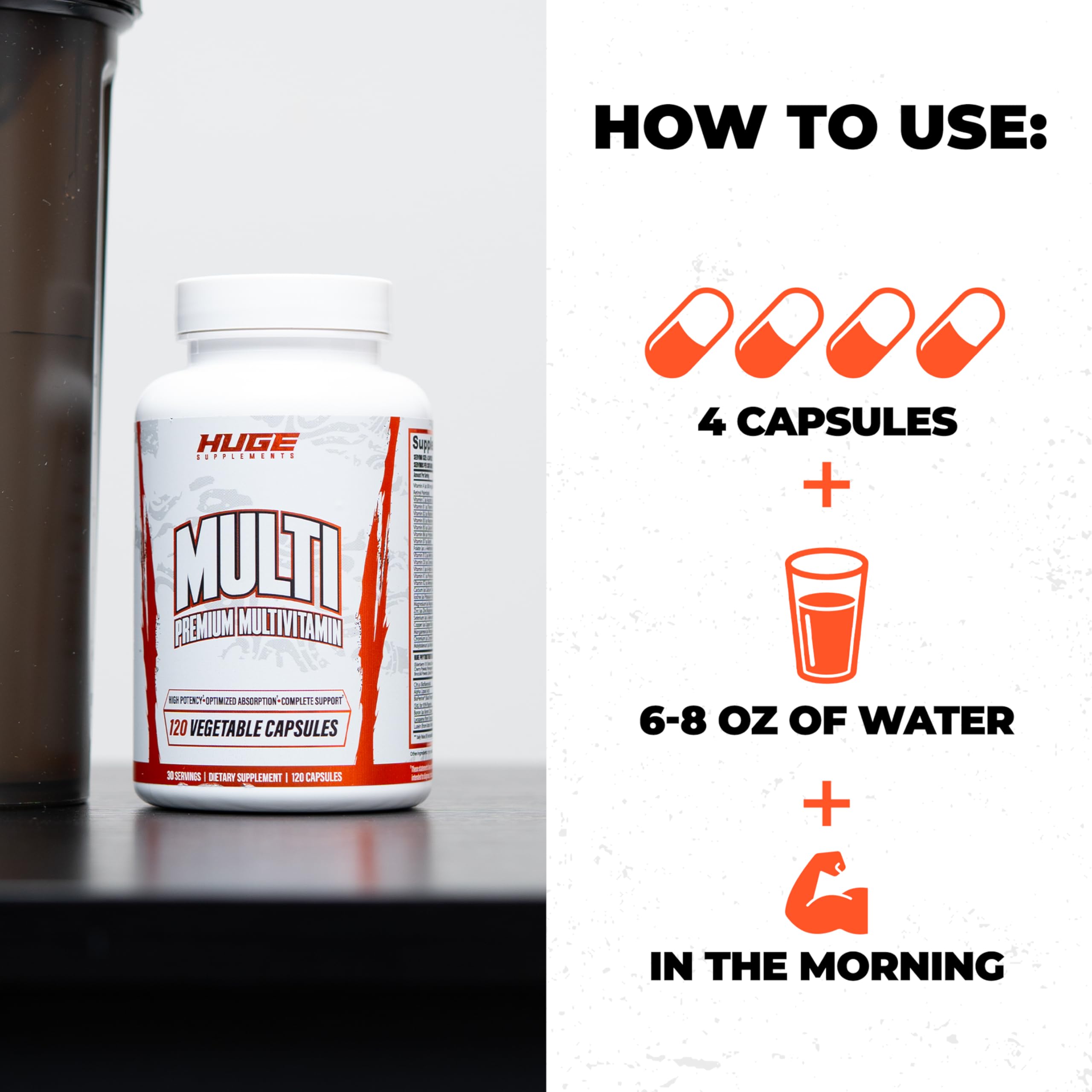 Huge Supplements Multi-Vitamin for Men displayed with other supplements