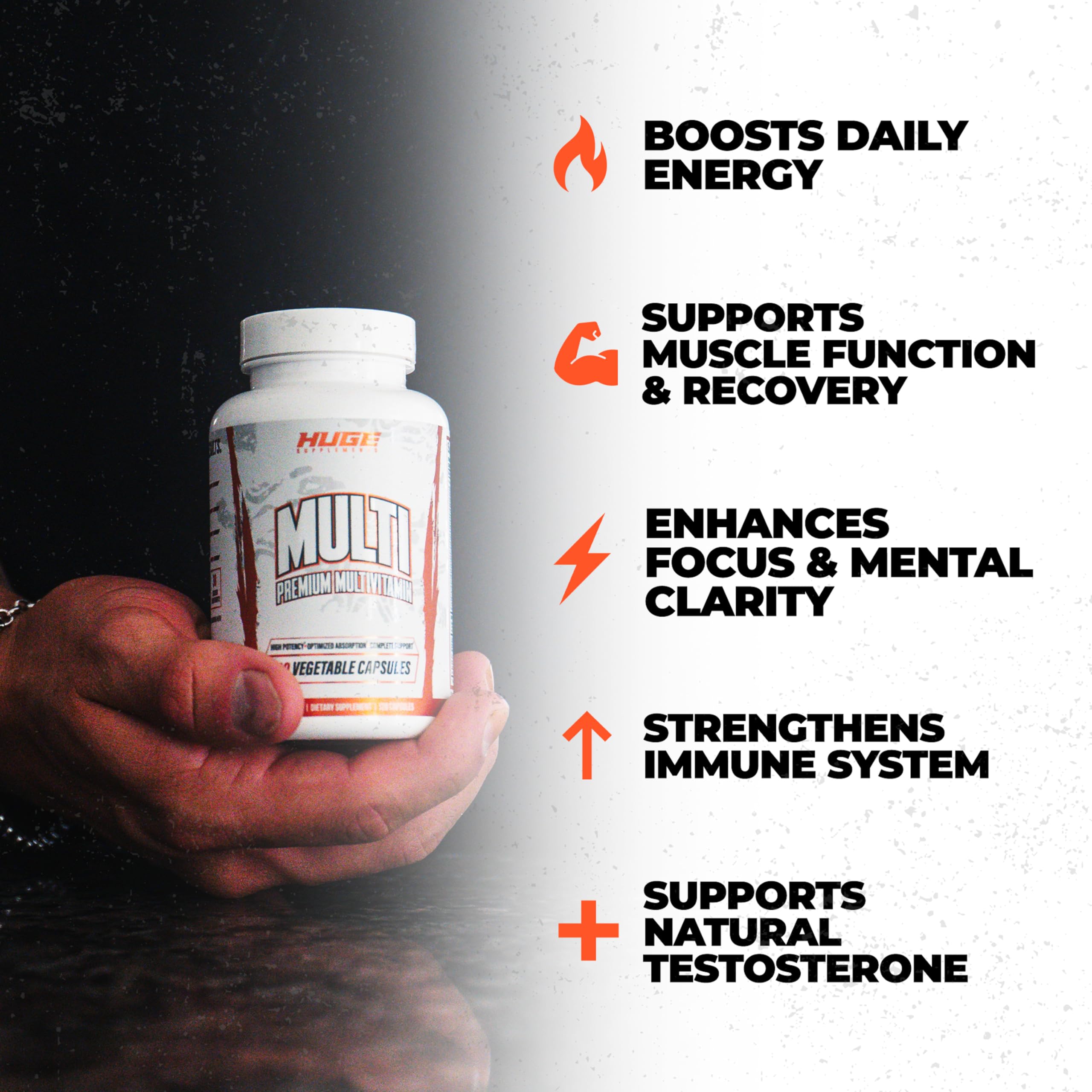 Huge Supplements Multi-Vitamin for Men side view showing ingredients