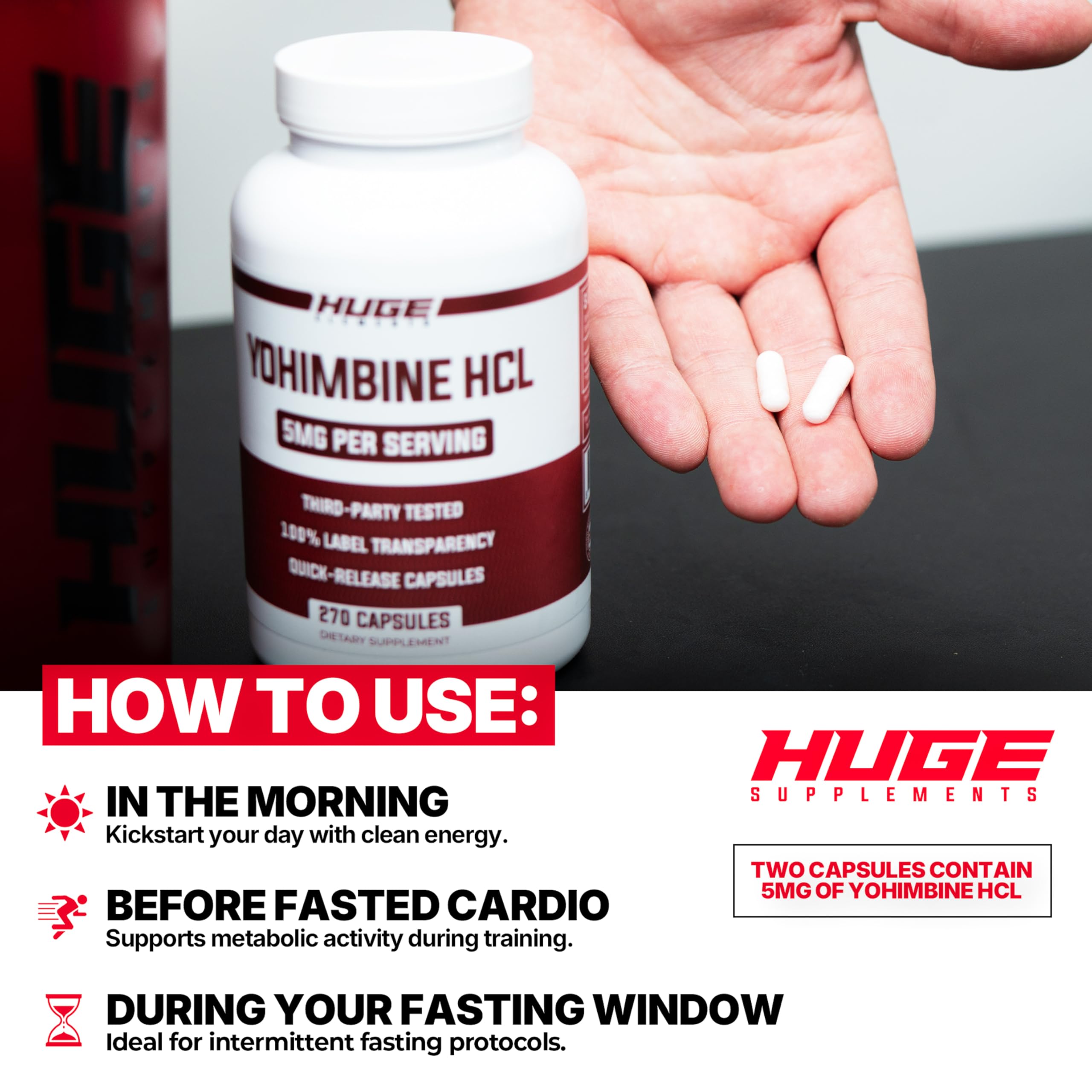 Huge Supplements Yohimbine HCl 5mg Capsules with measuring spoon