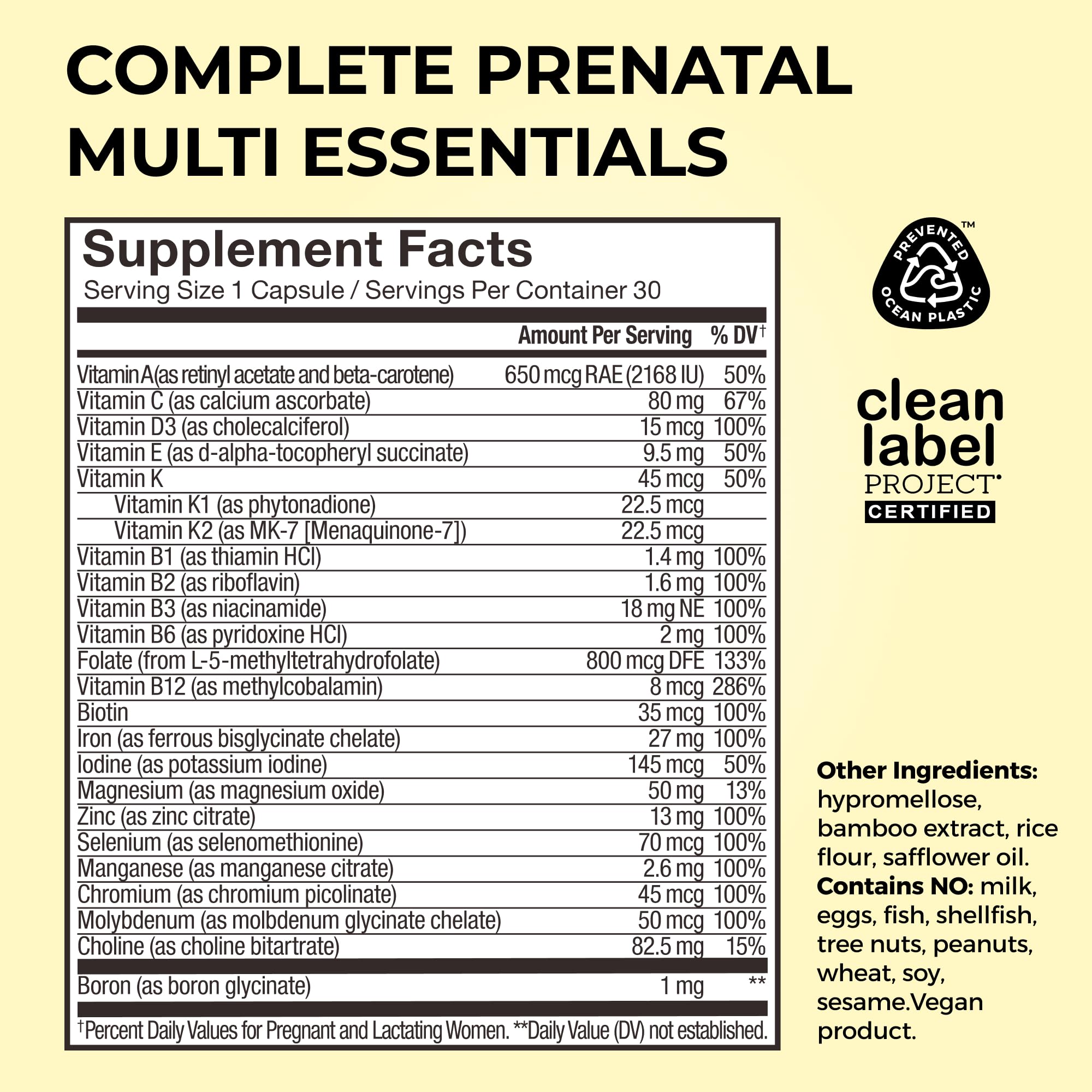HUM Complete Prenatal Vitamins nutritional information