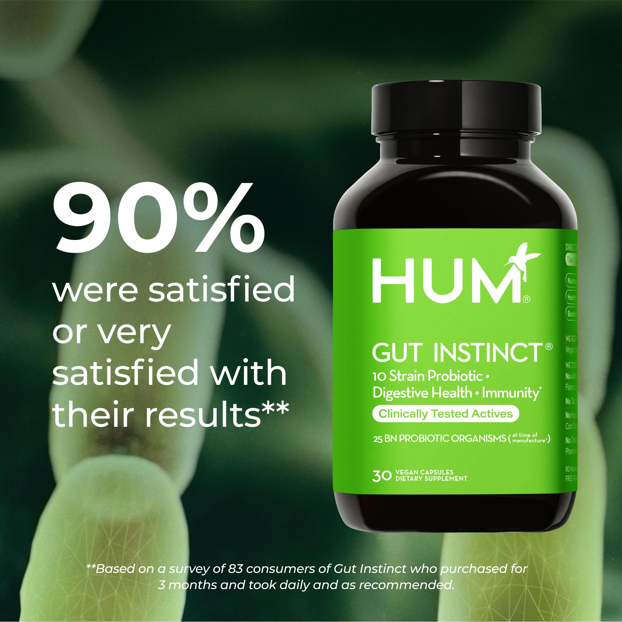 HUM Gut Instinct Probiotic Capsules opened bottle with capsules