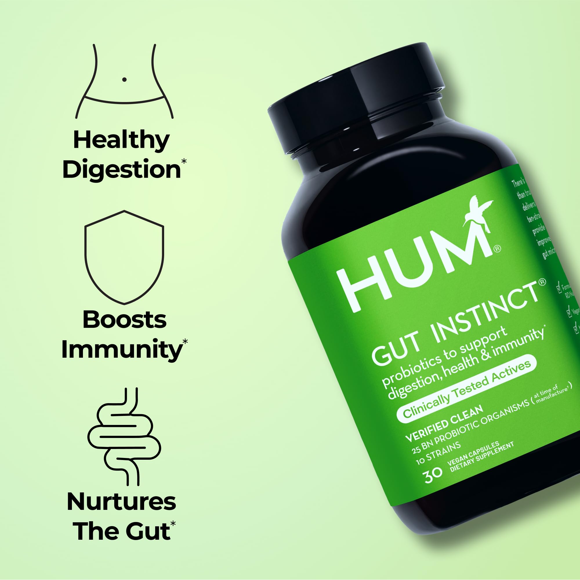 HUM Gut Instinct Probiotic Capsules side view with label