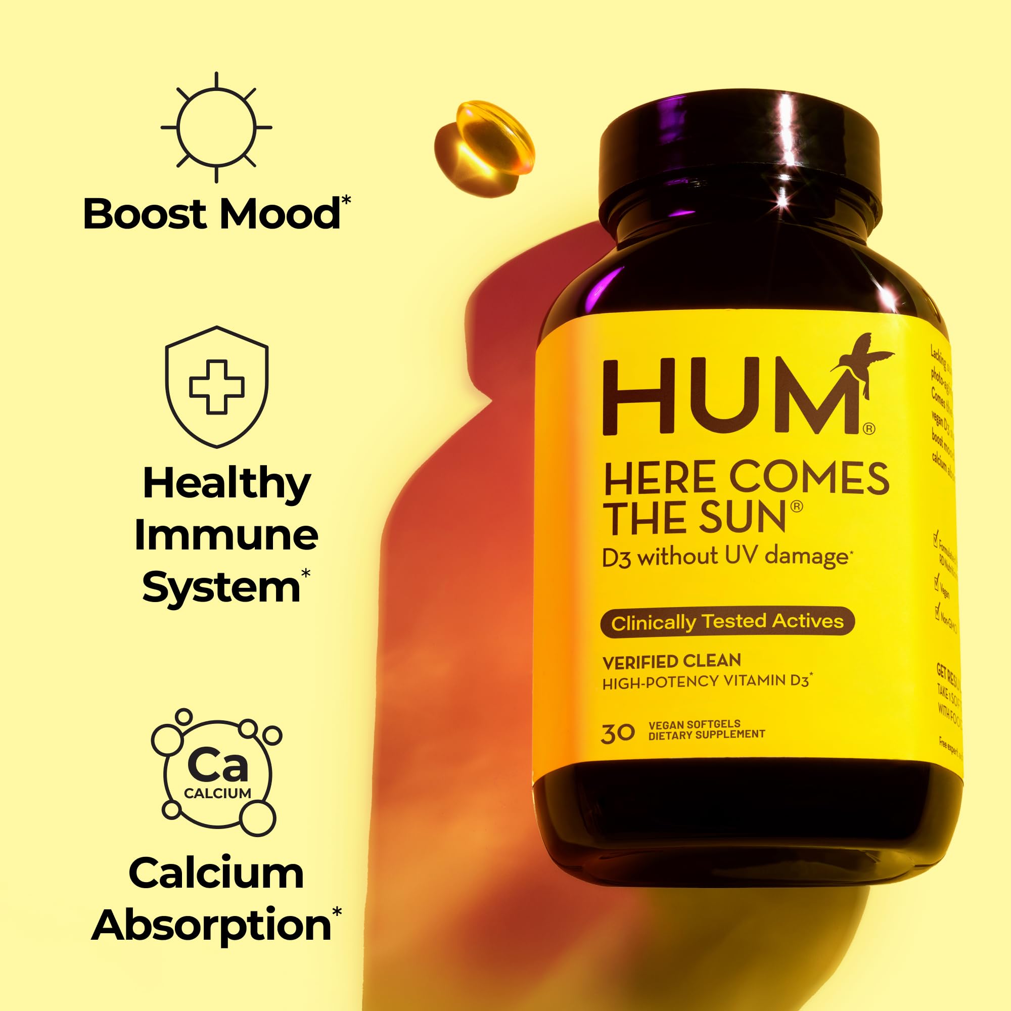 HUM Here Comes The Sun Vegan Vitamin D3 softgels bottle with label