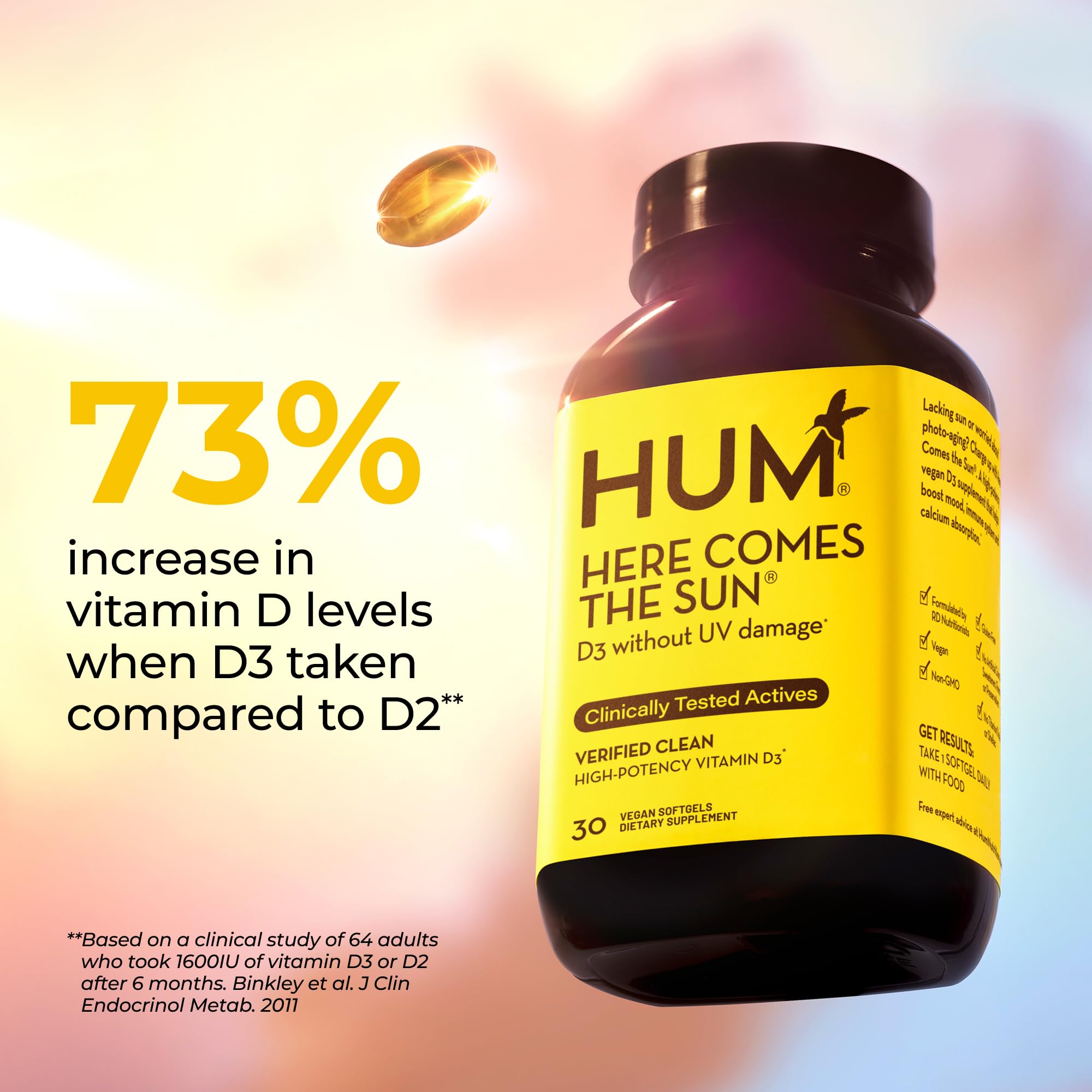 HUM Here Comes The Sun Vegan Vitamin D3 softgels side view