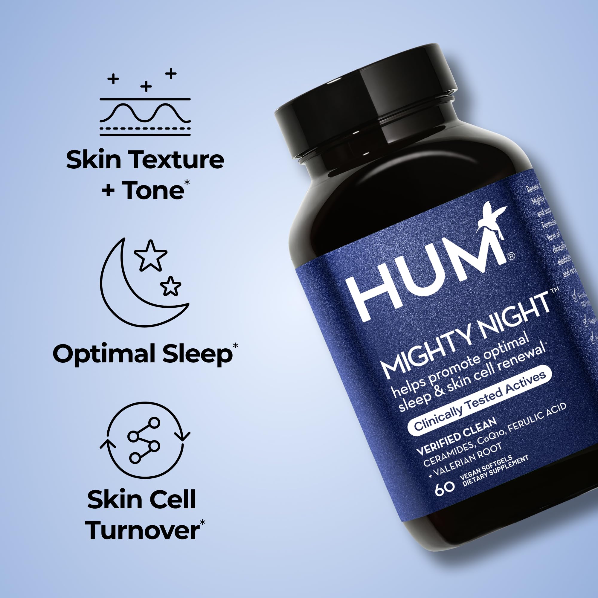 HUM Mighty Night Skin Supplement side view showing softgels