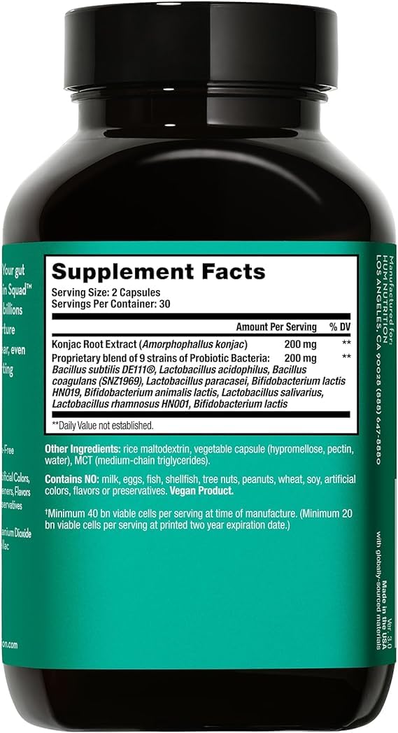 HUM Prebiotic + Probiotic Capsules with dosage information