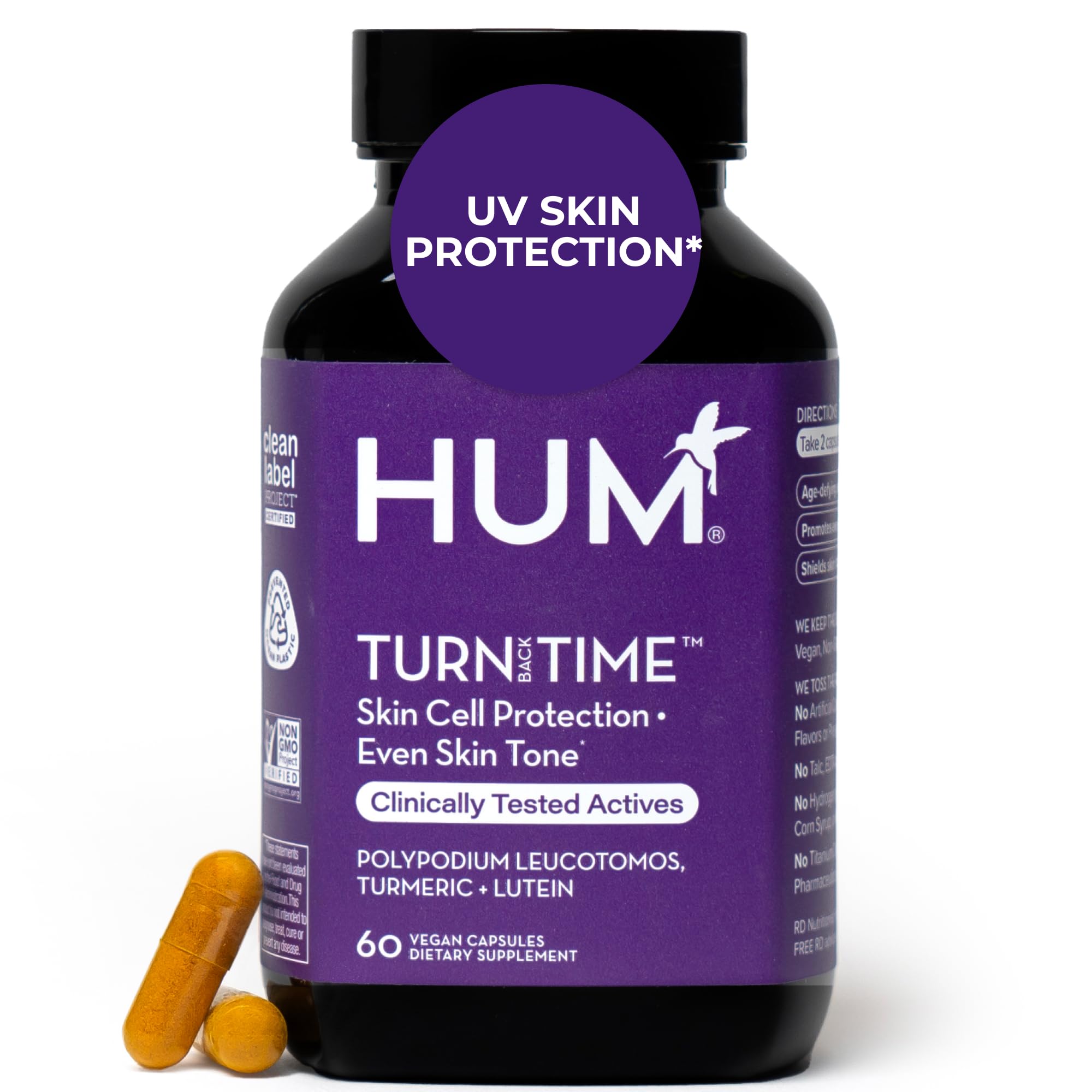 HUM Turn Back Time supplement front view with turmeric and green tea extracts