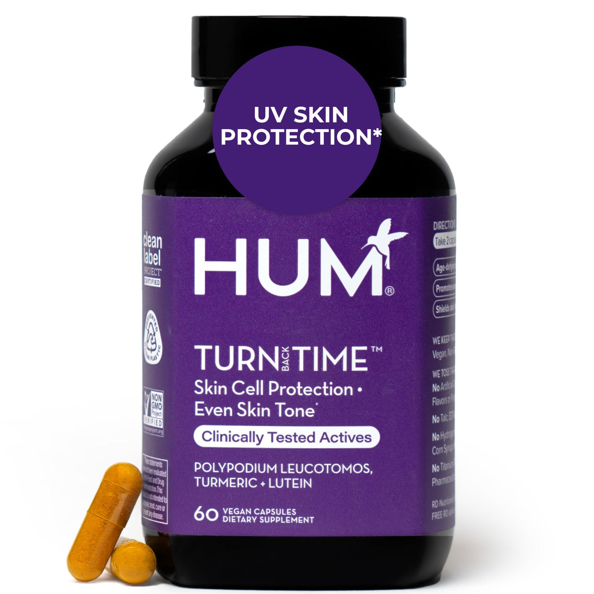 HUM Turn Back Time supplement front view with turmeric and green tea extracts