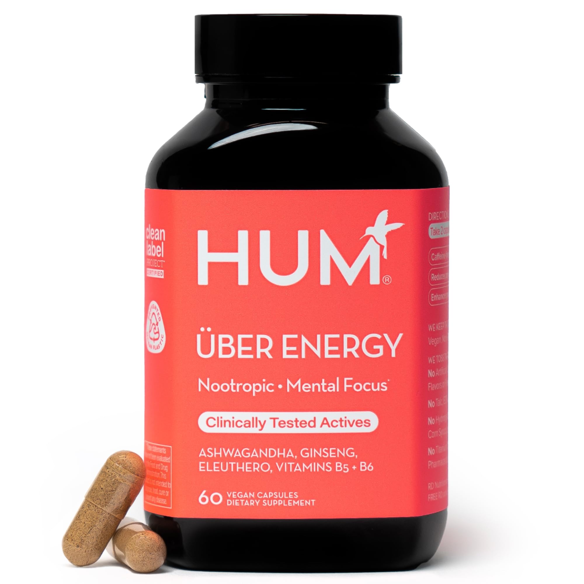 HUM Uber Energy supplement bottle front view with 60 vegan capsules