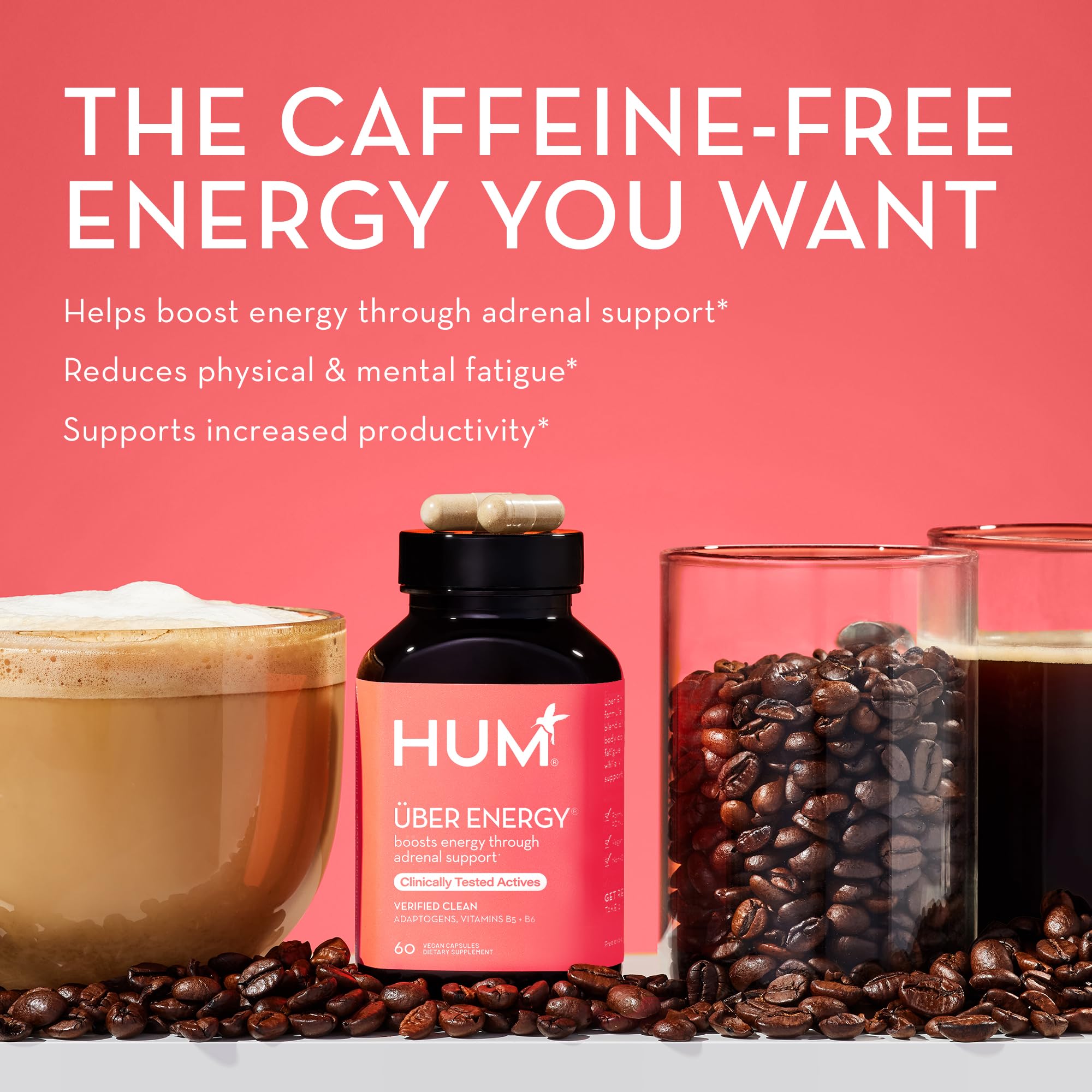 HUM Uber Energy supplement bottle side view showing ingredients list
