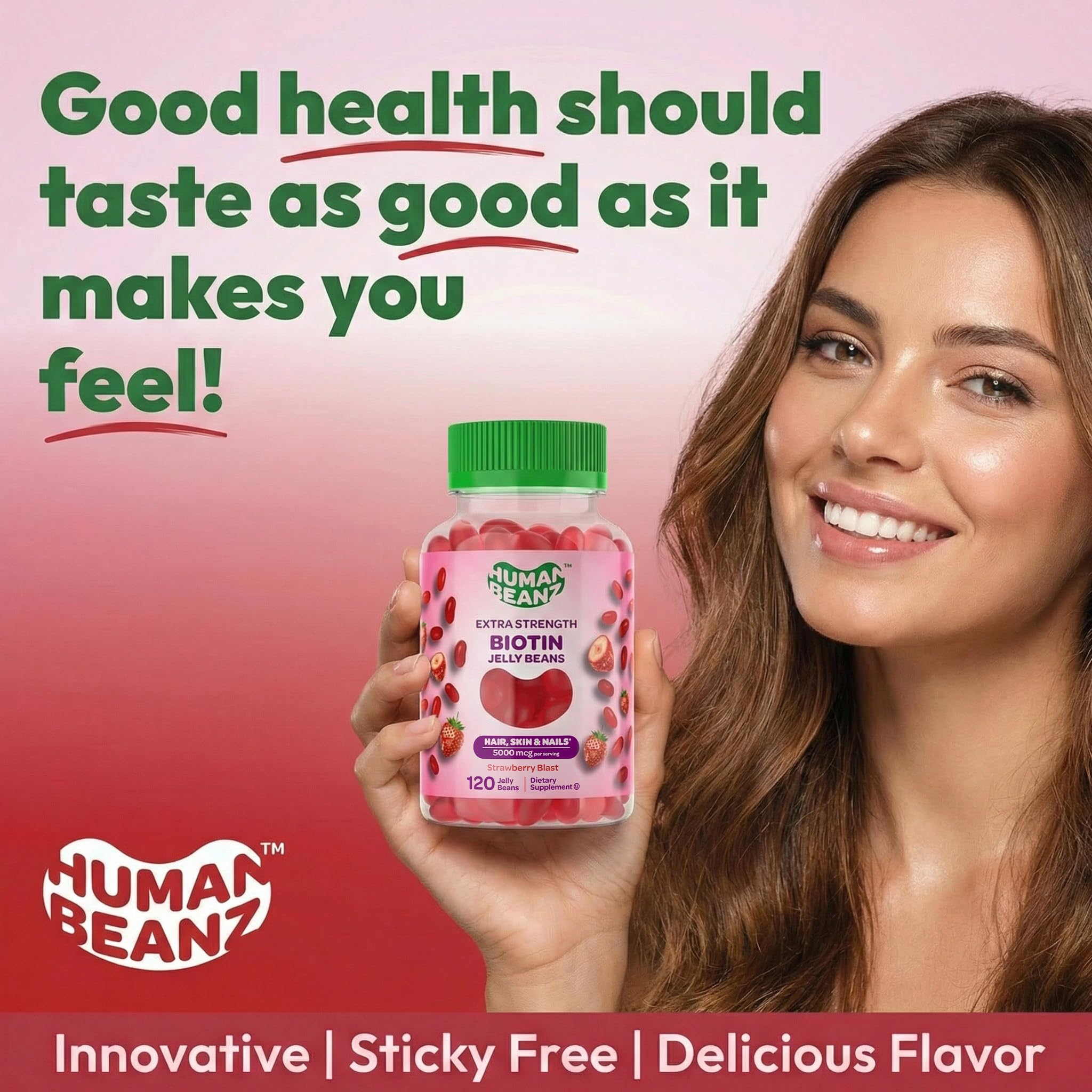 Human Beanz Biotin Jelly Bean Gummies with fresh strawberries