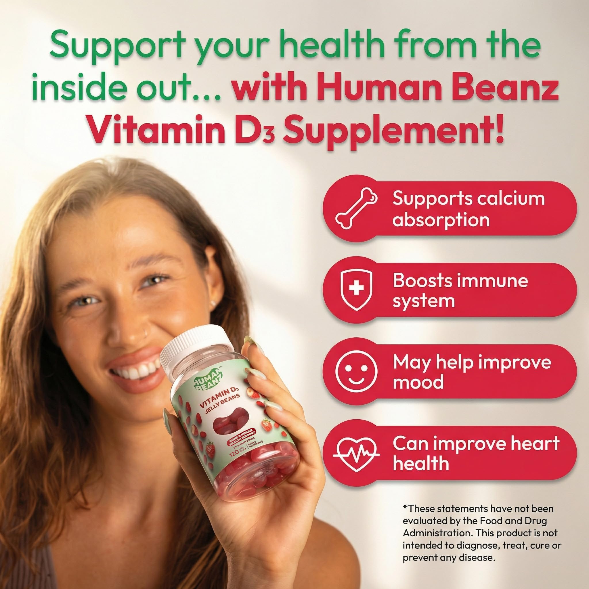 Human Beanz Vitamin D3 Jelly Bean Gummies on a wooden table