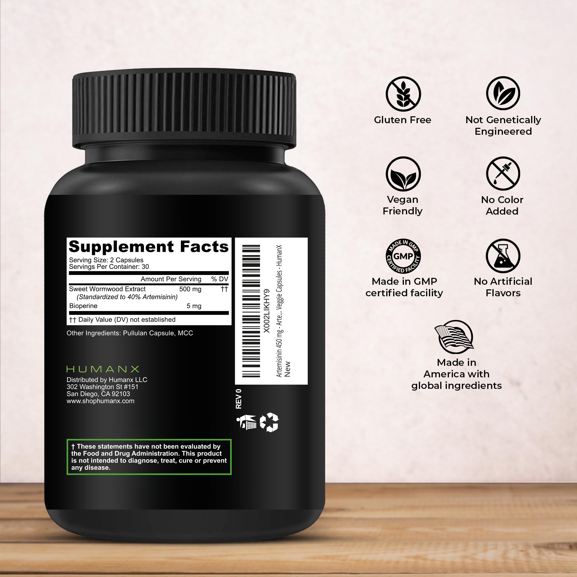 HUMANX Artemisinin 505 mg supplement side view