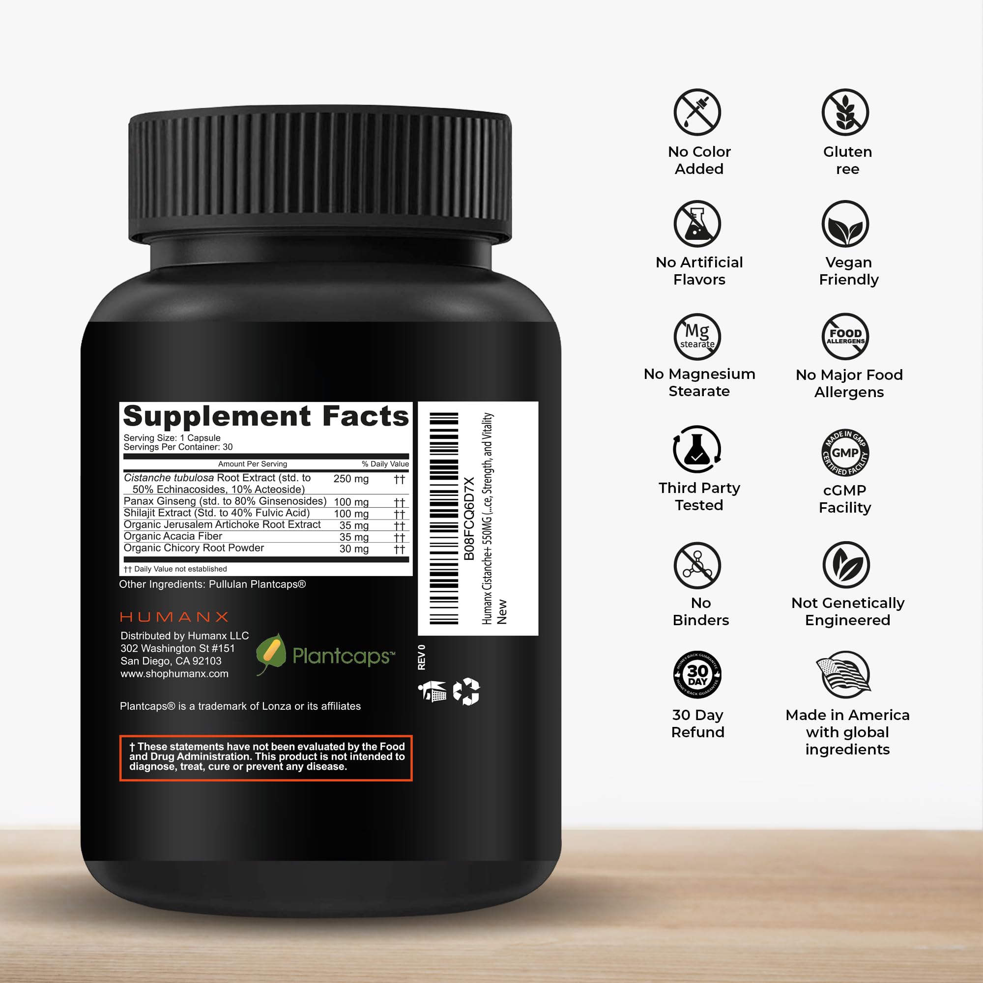 HUMANX Cistanche+ capsules close-up on a white background