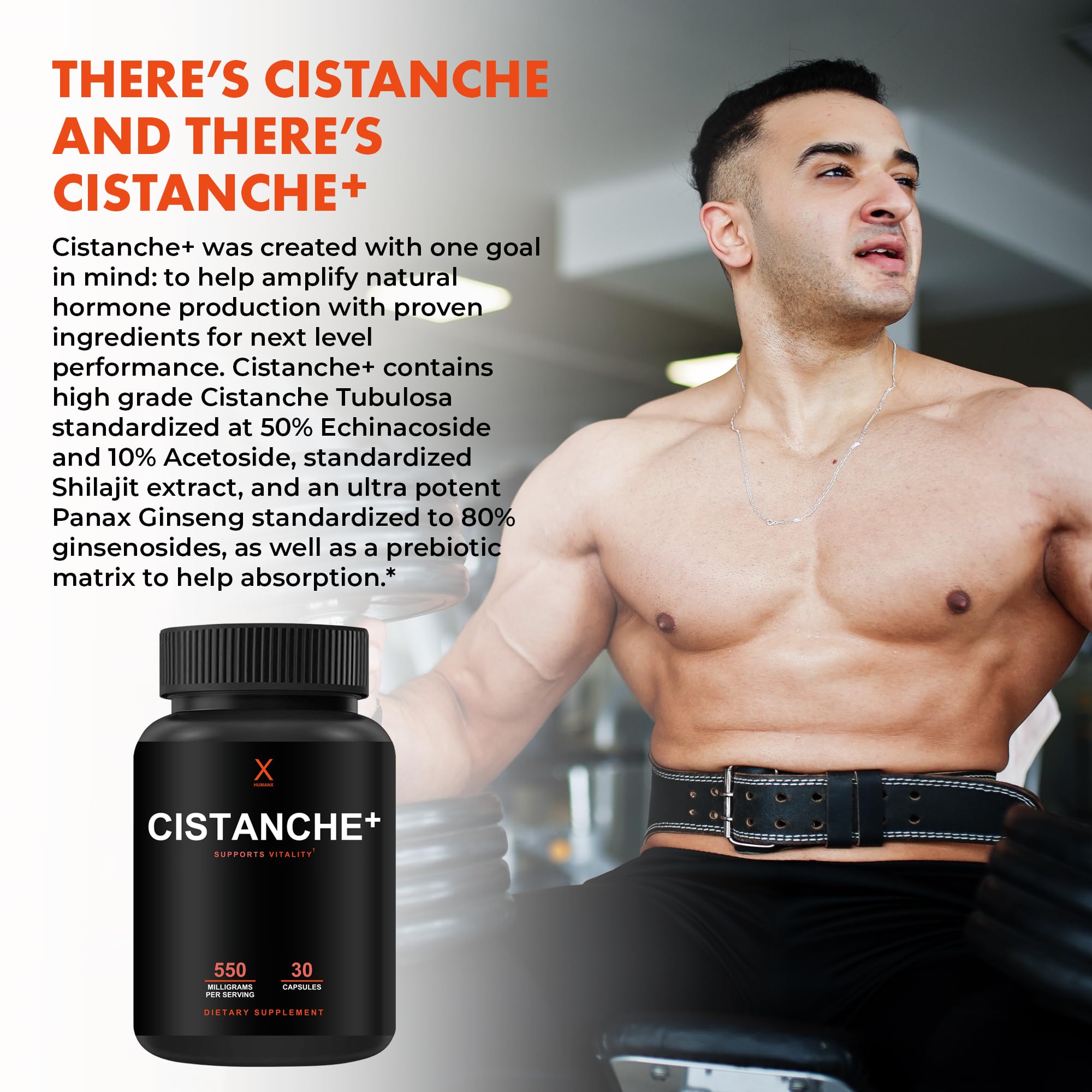 HUMANX Cistanche+ supplement displayed with a measuring spoon