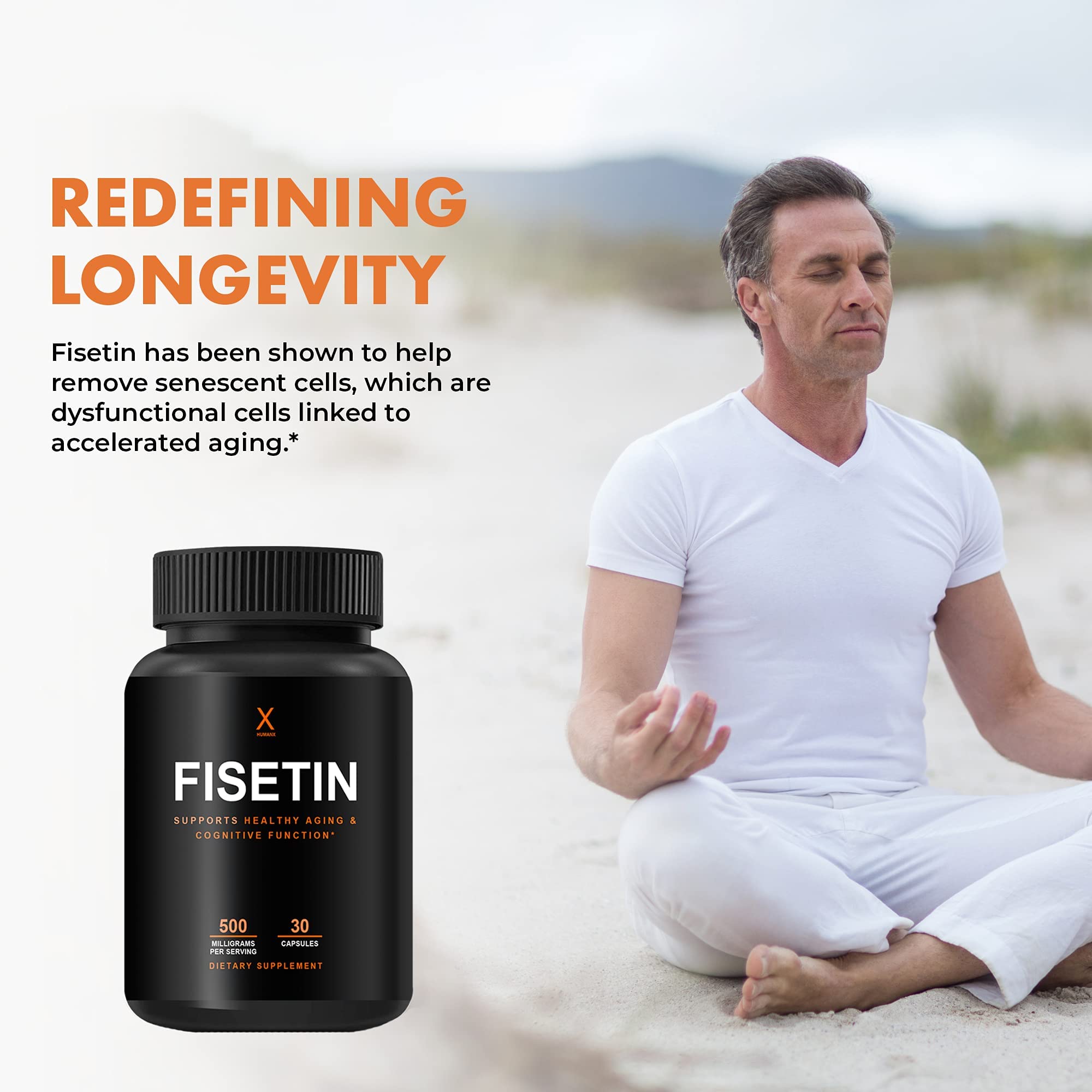 HUMANX Fisetin 500mg supplement capsules on a table
