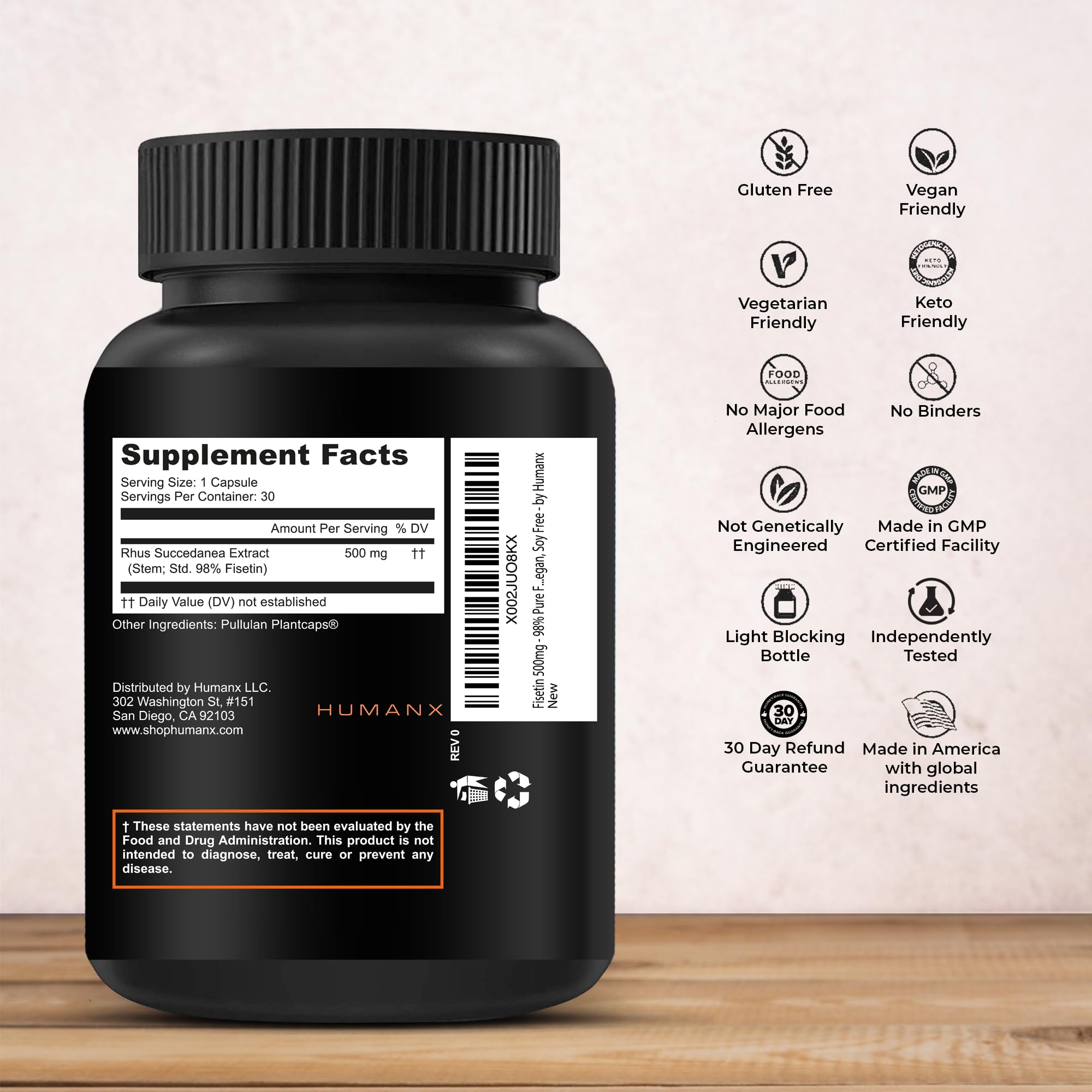 HUMANX Fisetin 500mg supplement side view