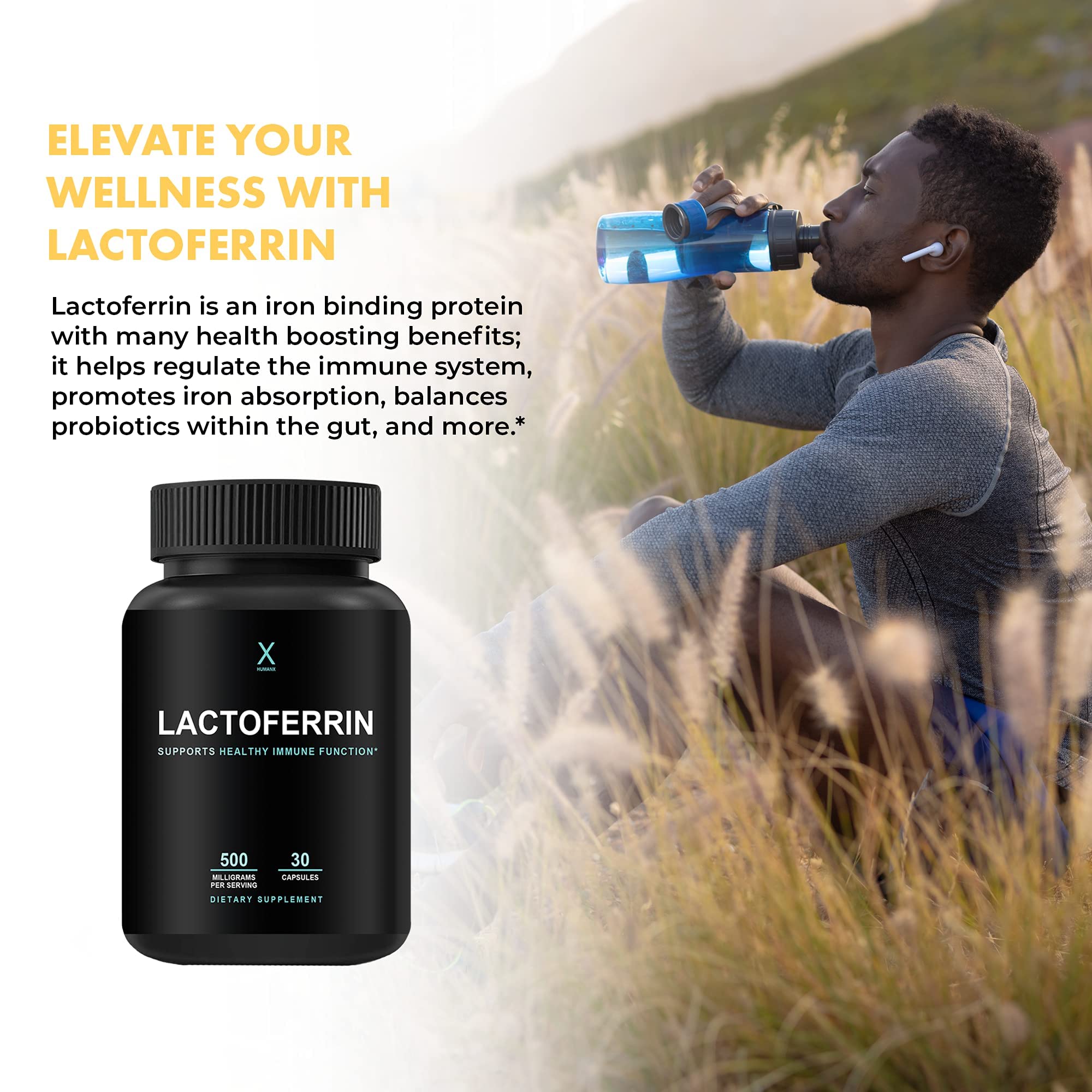 HUMANX Lactoferrin 500mg Iron Supplement Capsules opened bottle