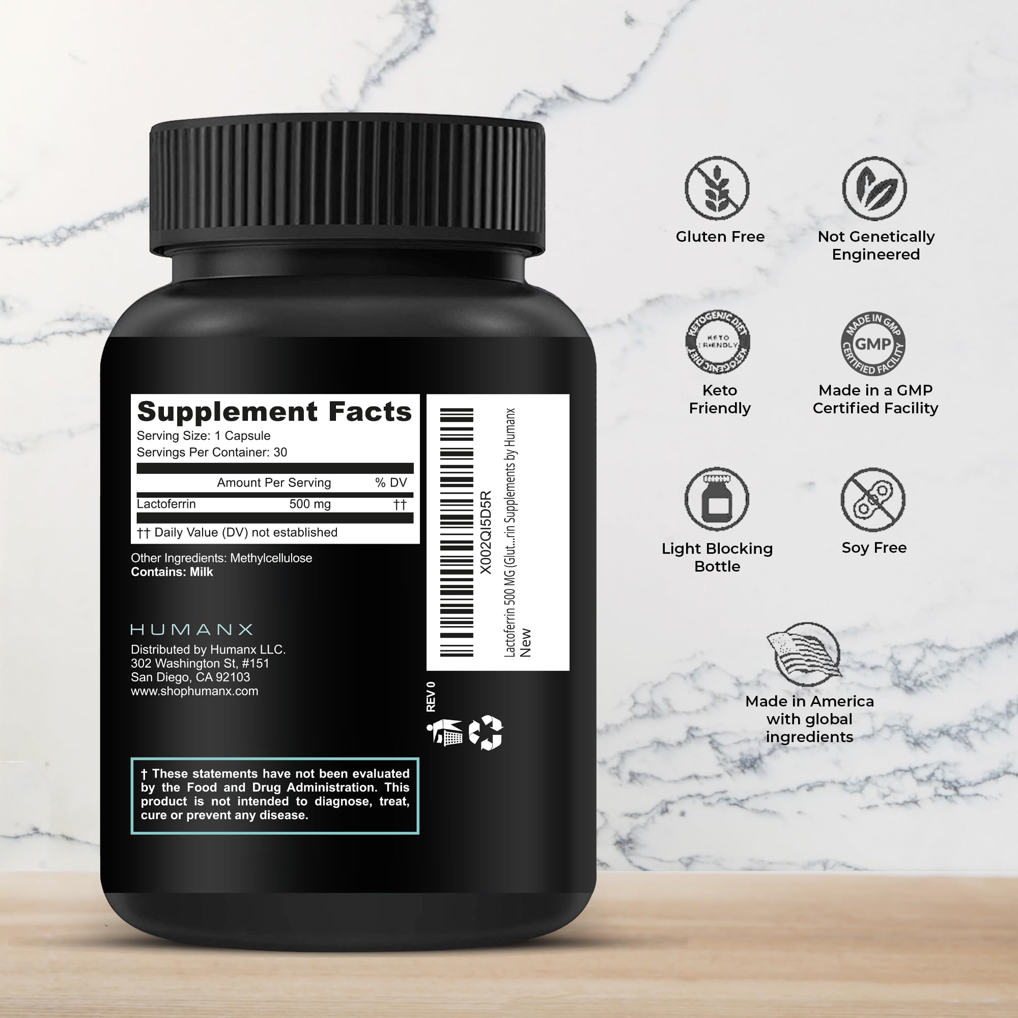 HUMANX Lactoferrin 500mg Iron Supplement Capsules side view