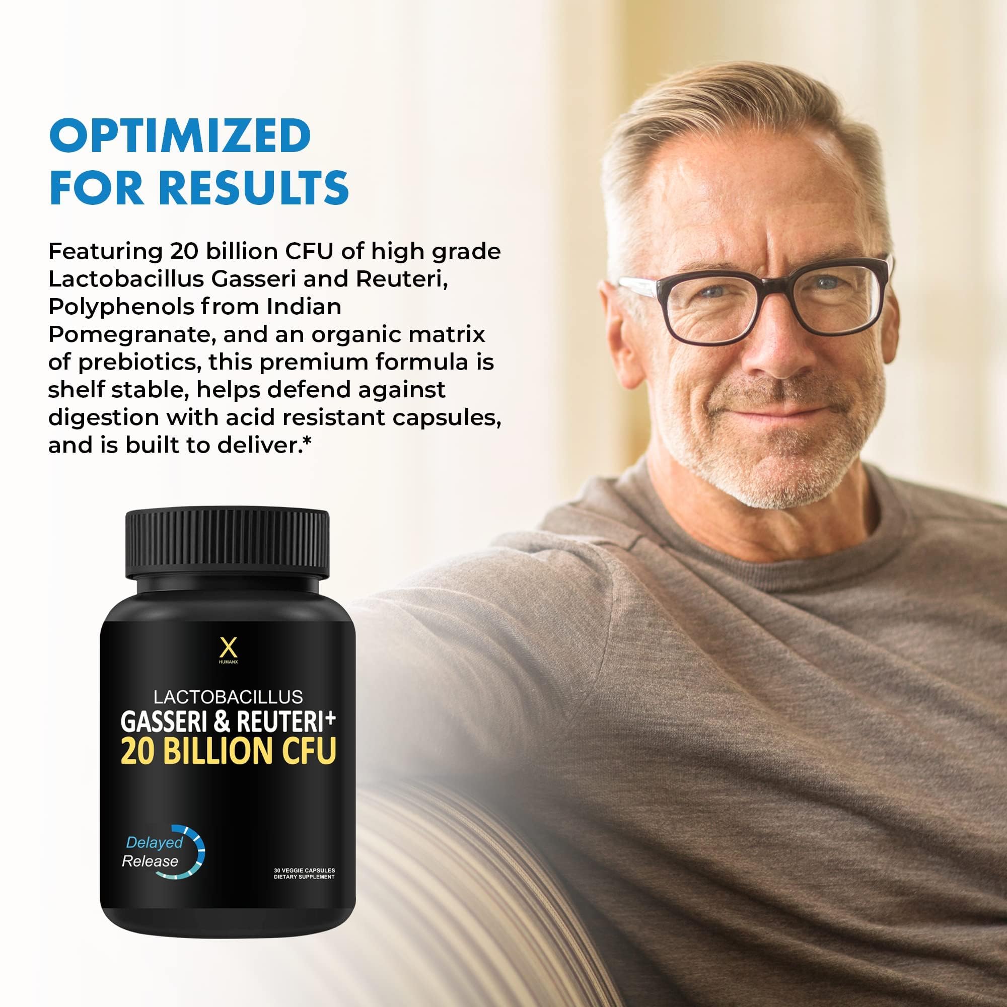 HUMANX Prebiotic Supplement capsules on a wooden surface