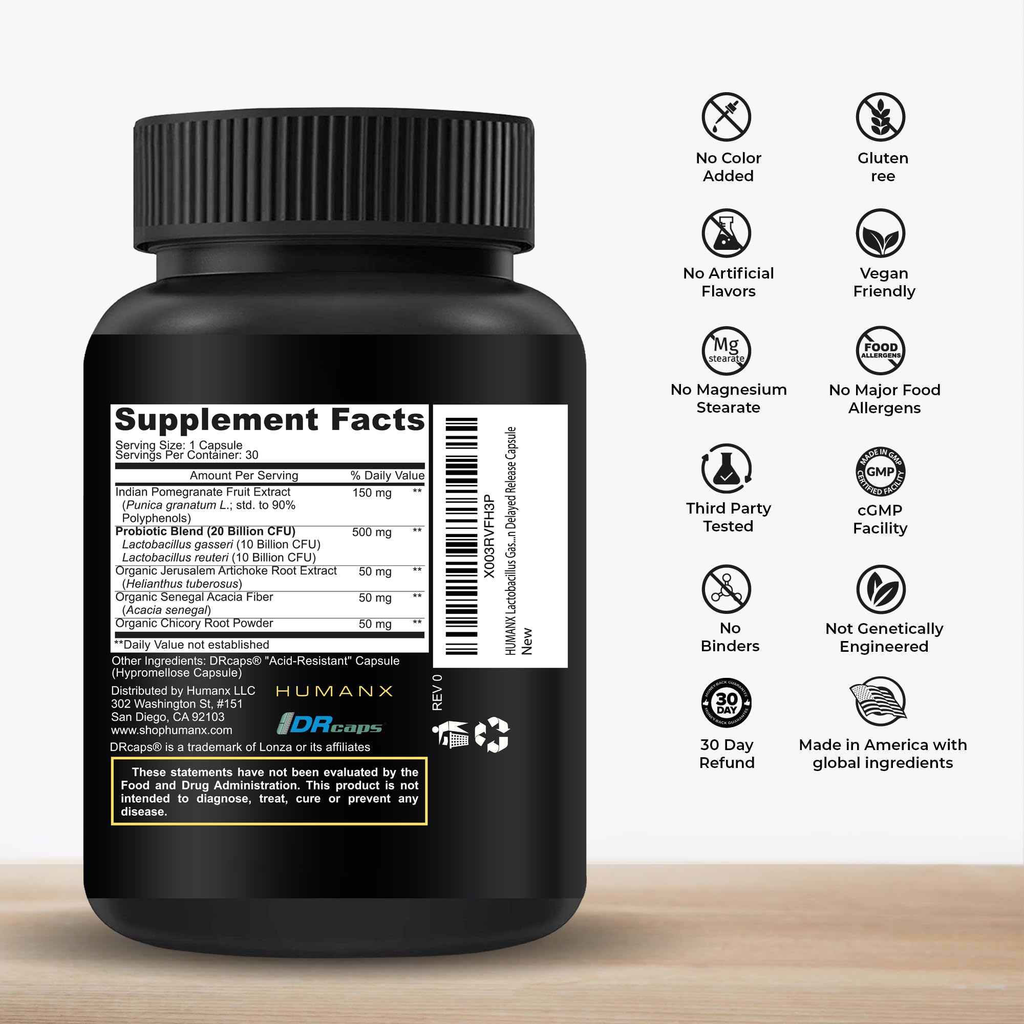 HUMANX Prebiotic Supplement side view showing capsule details