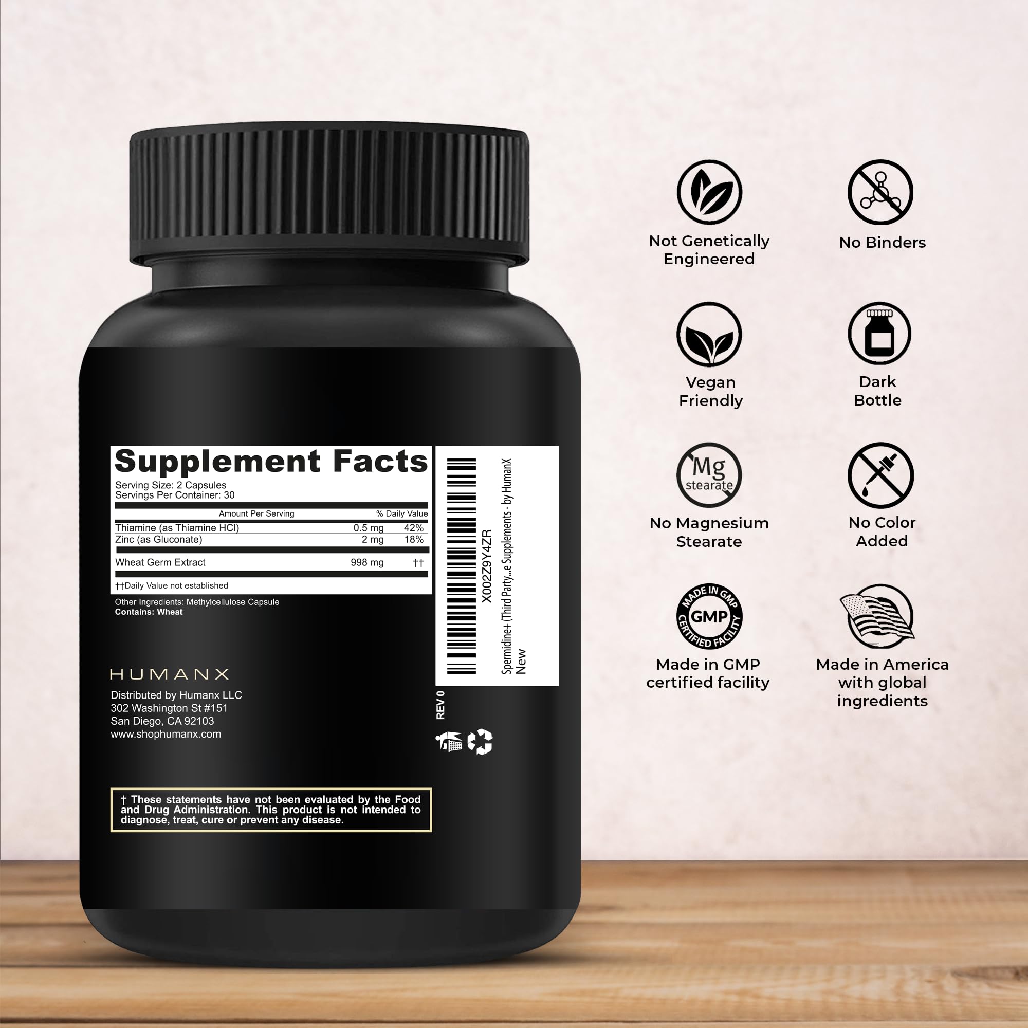 HUMANX Spermidine+ capsule bottle side view