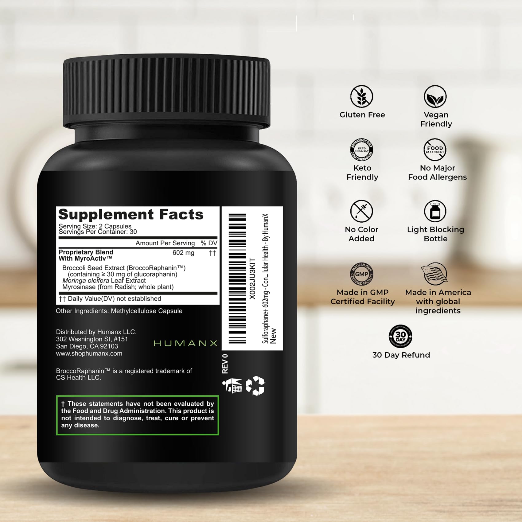 HUMANX Sulforaphane+ capsules in a clear bottle
