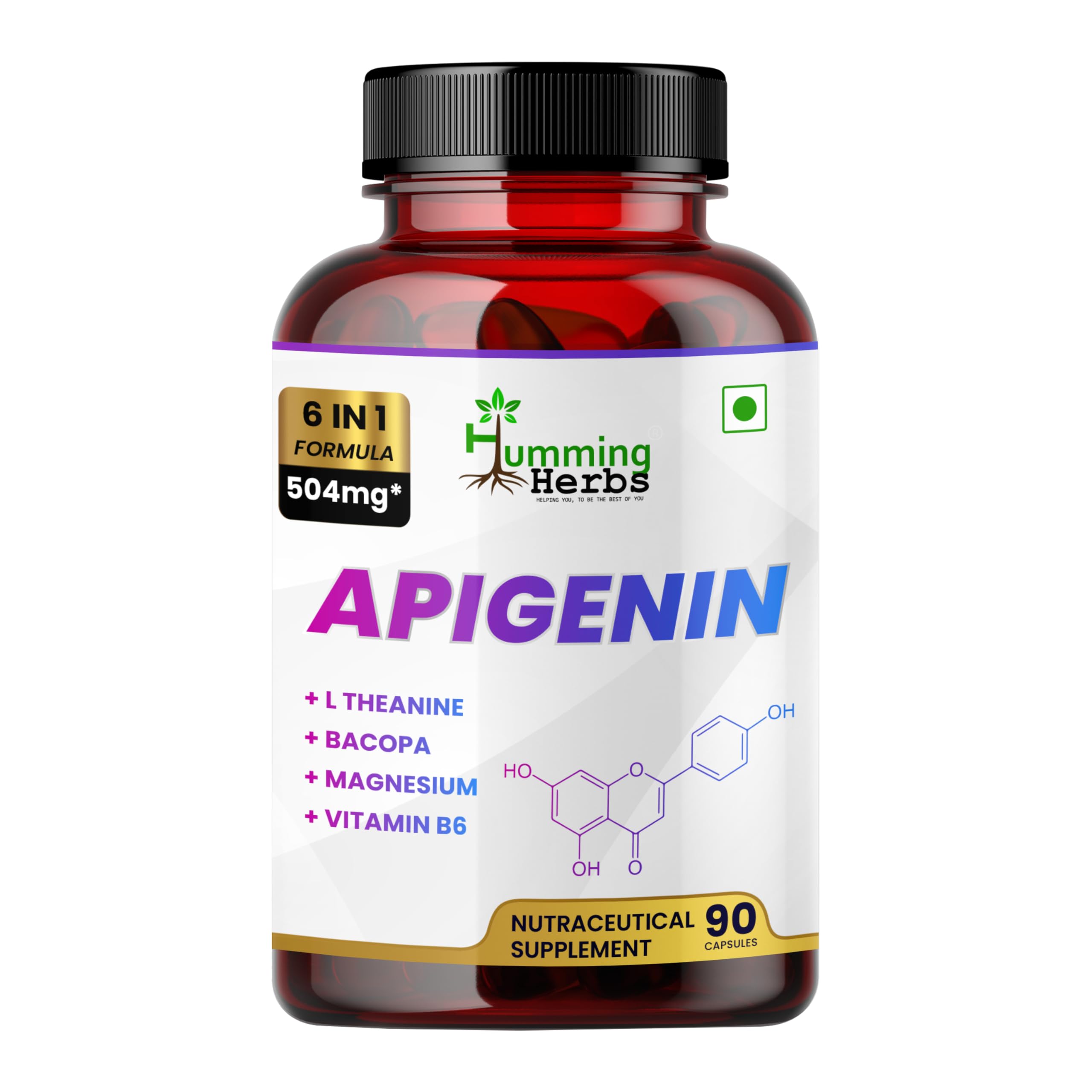 Humming Herbs Apigenin 504mg supplement front view with 90 capsules