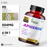Humming Herbs Apigenin 504mg supplement open bottle showing capsules