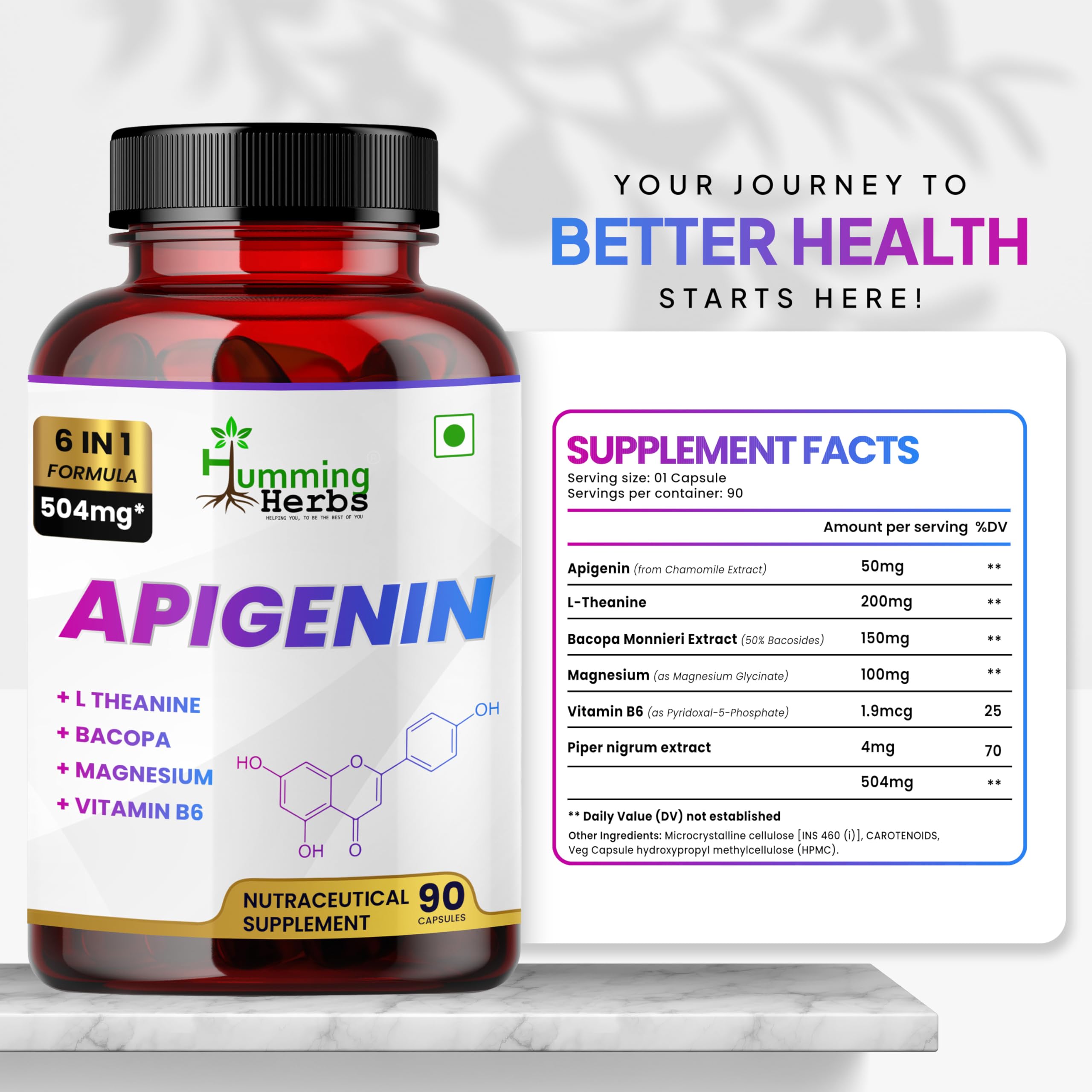 Humming Herbs Apigenin 504mg supplement packaging with ingredients listed