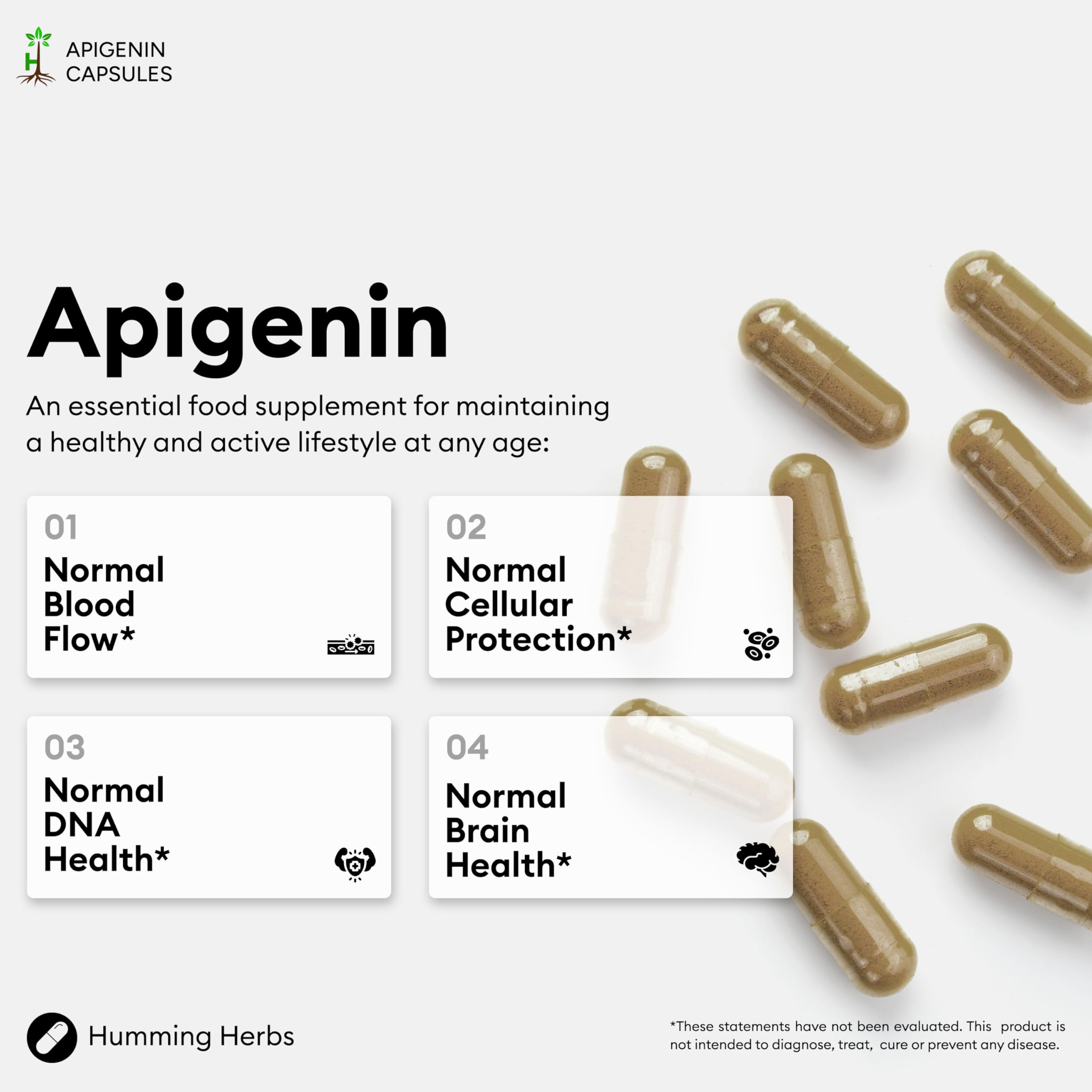 Humming Herbs Apigenin 504mg supplement with a measuring spoon for dosage