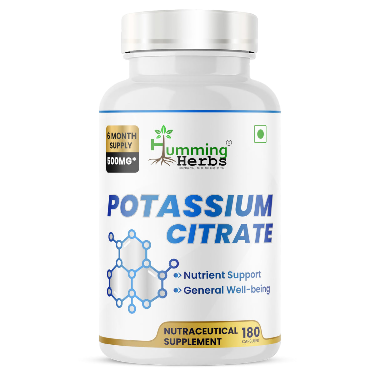 Humming Herbs Potassium Citrate 500mg 180 capsules front view