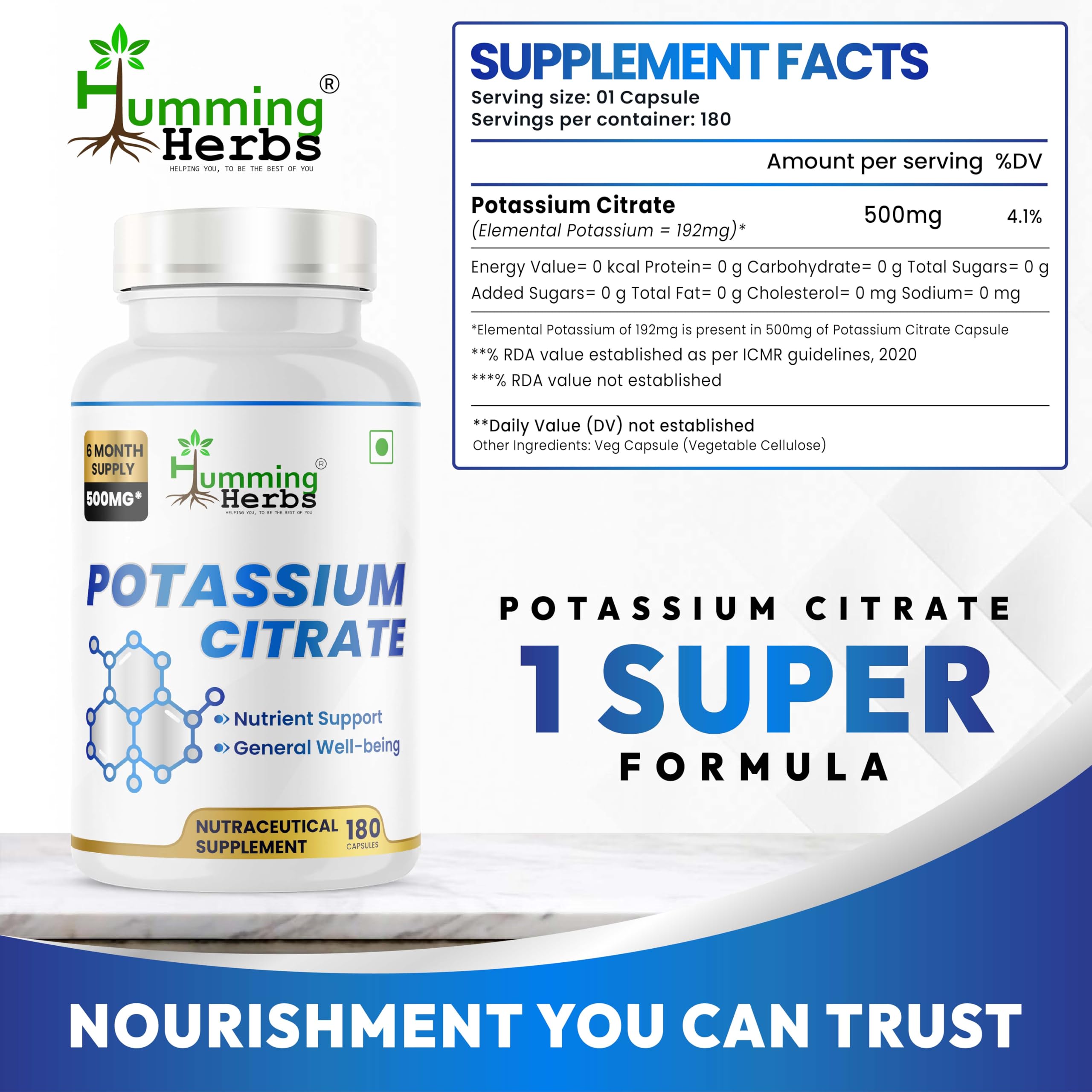 Humming Herbs Potassium Citrate 500mg bottle with label
