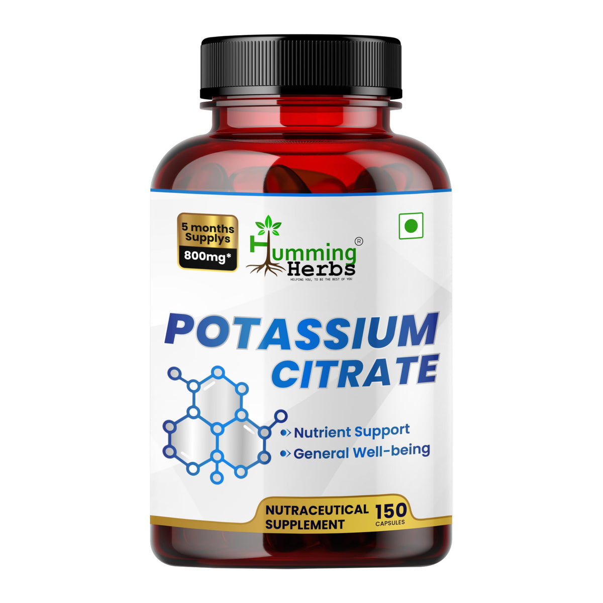 Humming Herbs Potassium Citrate Capsules bottle front view