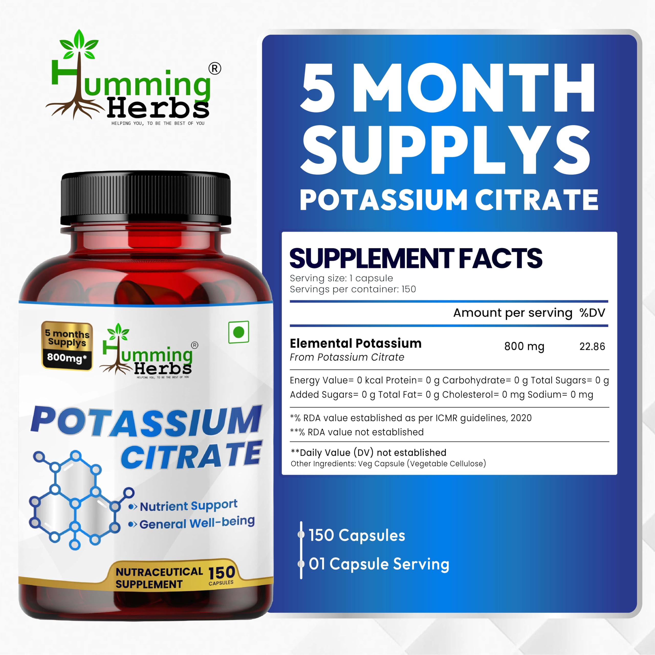Humming Herbs Potassium Citrate Capsules side view