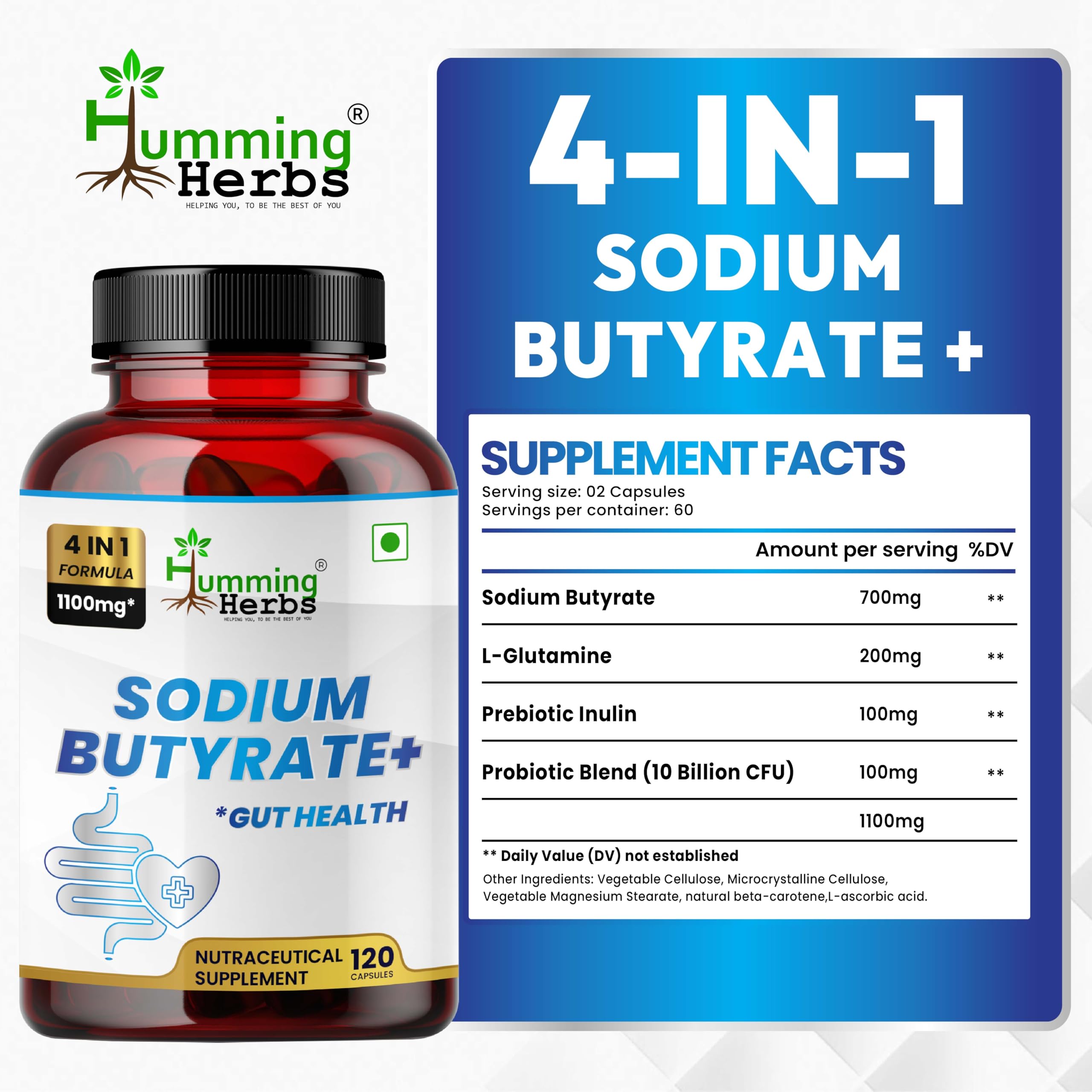 Humming Herbs Sodium Butyrate+ 4-in-1 Formula label close-up