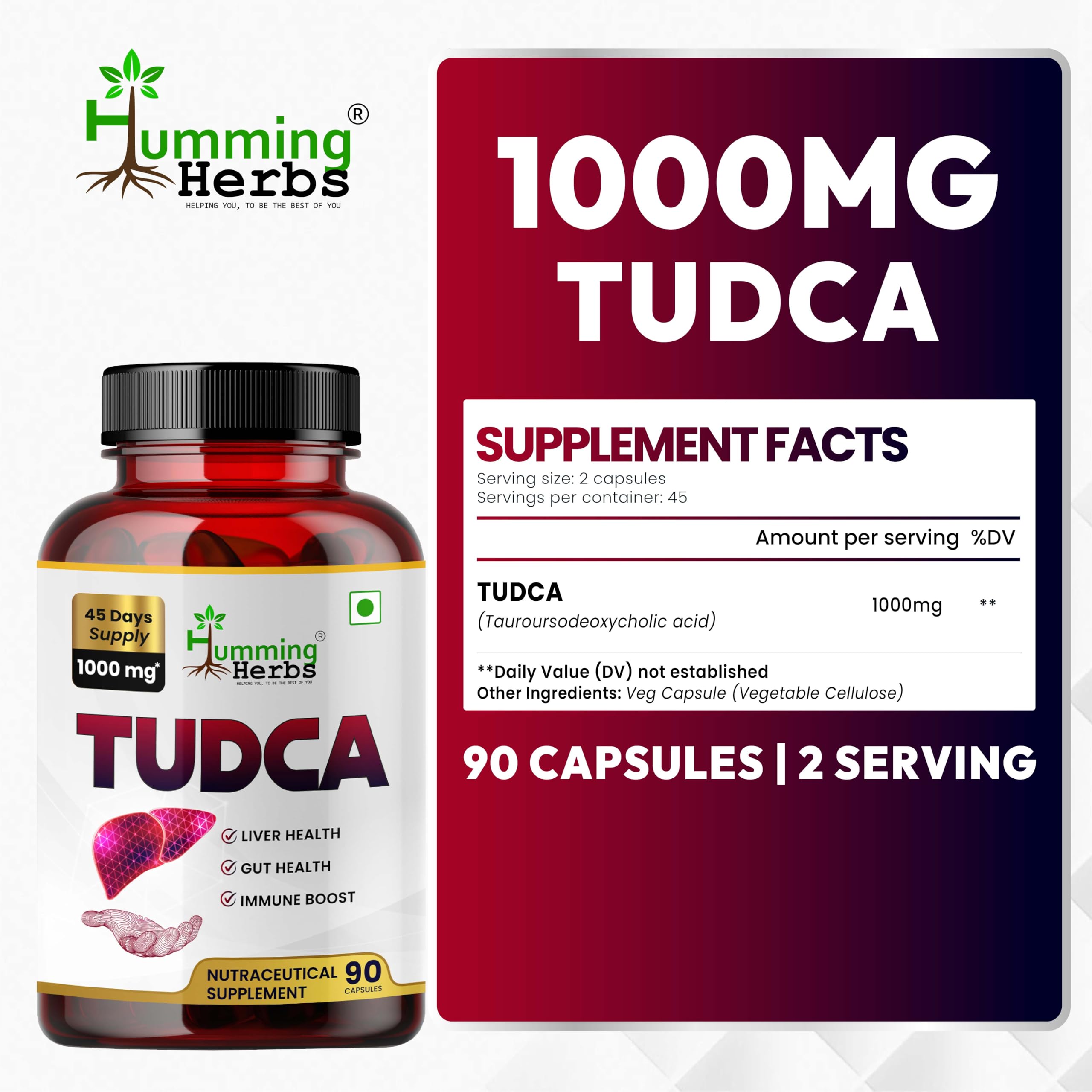 Humming Herbs TUDCA Bile Acid Supplement 1000mg side view