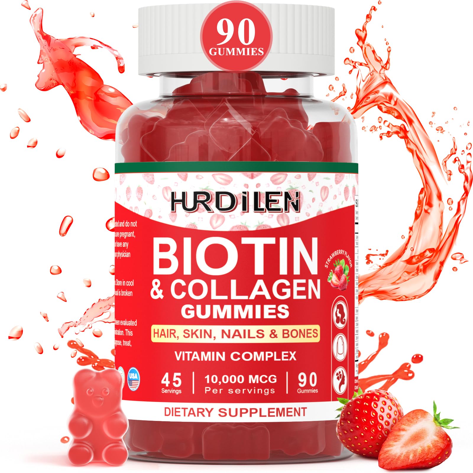 Hurdilen Biotin Gummies bottle front view with 90 gummies