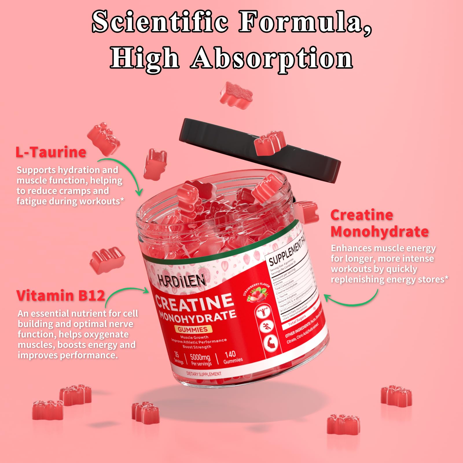 Hurdilen Creatine Monohydrate Gummies bottle side view